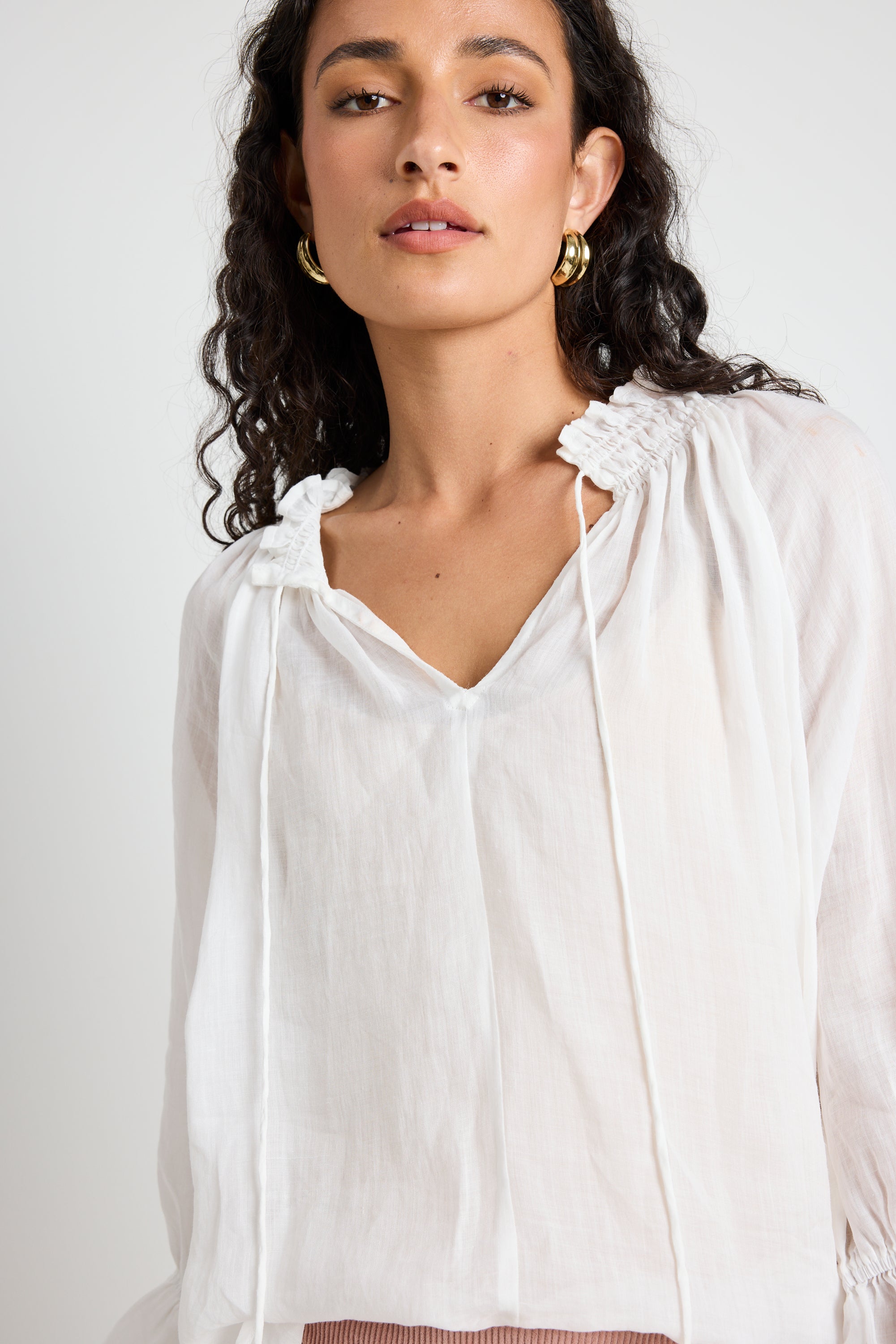 Expedition Ivory Ramie Shirred Neck Short Sleeve Top - Breathable Summer Blouse for Women, Casual & Travel Outfits, Perfect for Beach Vacations and Outdoor Adventures