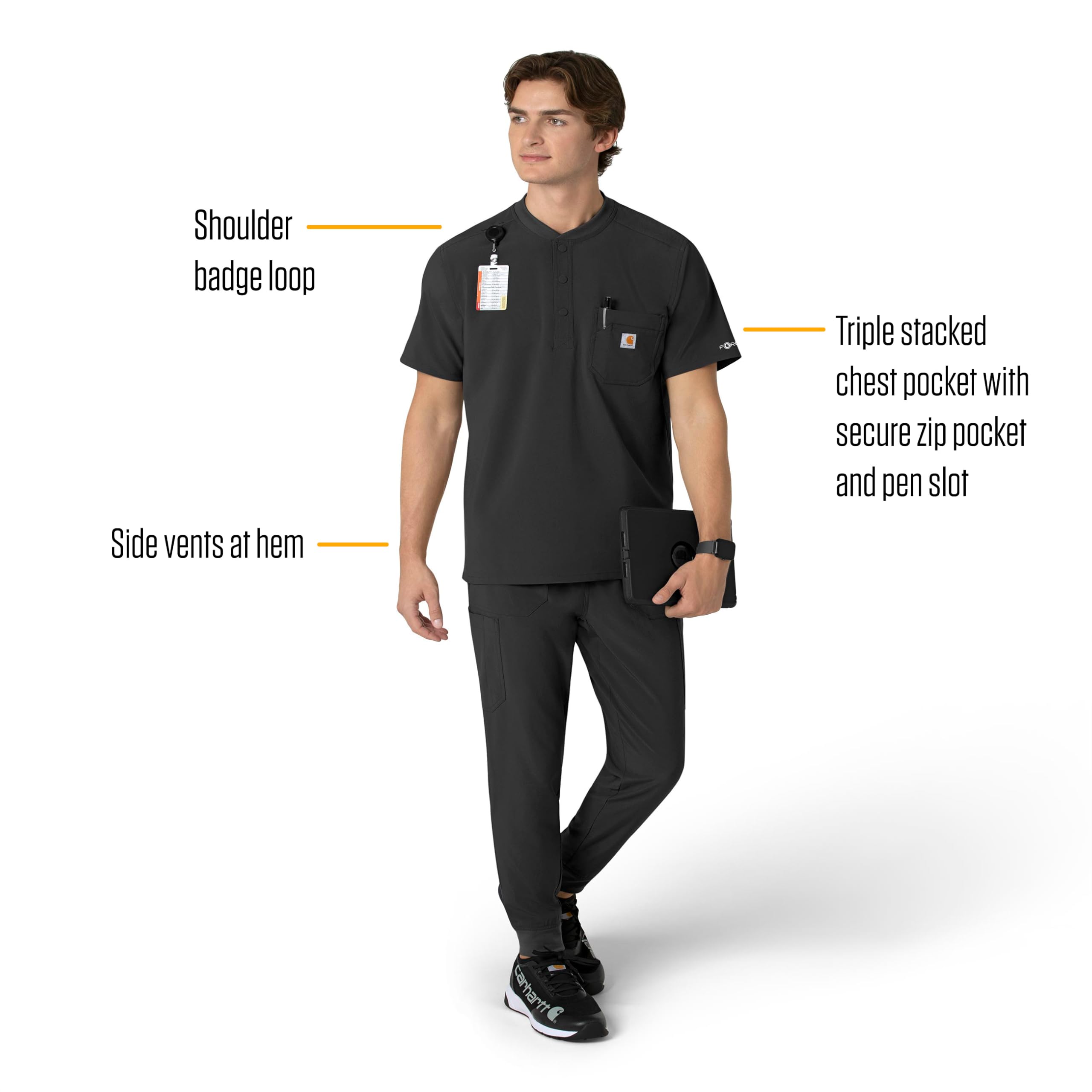 Carhartt Force Cross-Flex Men's Henley Scrub Top - Breathable Stretch Workwear for Medical Professionals - Navy Blue - Ideal for Nurses, Doctors & Healthcare Workers