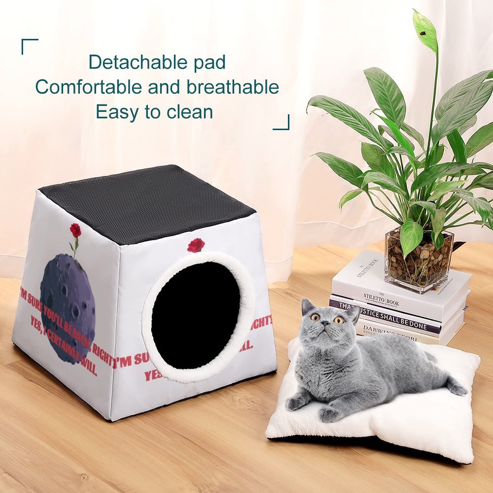 **Printed Cat Cube Kitty House - Indoor Cat Bed & Small Dog Shelter - Warm & Cozy Pet Sofa with Planet Rose Design - Perfect for Lounging, Napping & Playtime**
