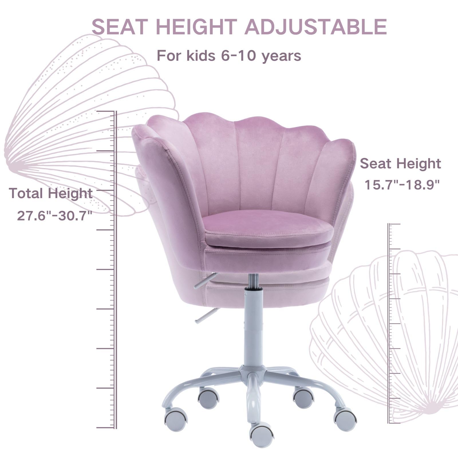 Kids Desk Chair With Wheels - Cute Petal Study Computer Chair With Arms, Upholstered Velvet Task Chair for Teen Girls, Swivel Rolling Chair for Bedroom & Vanity (Purple) - Perfect for Study, Gaming & Makeup Station