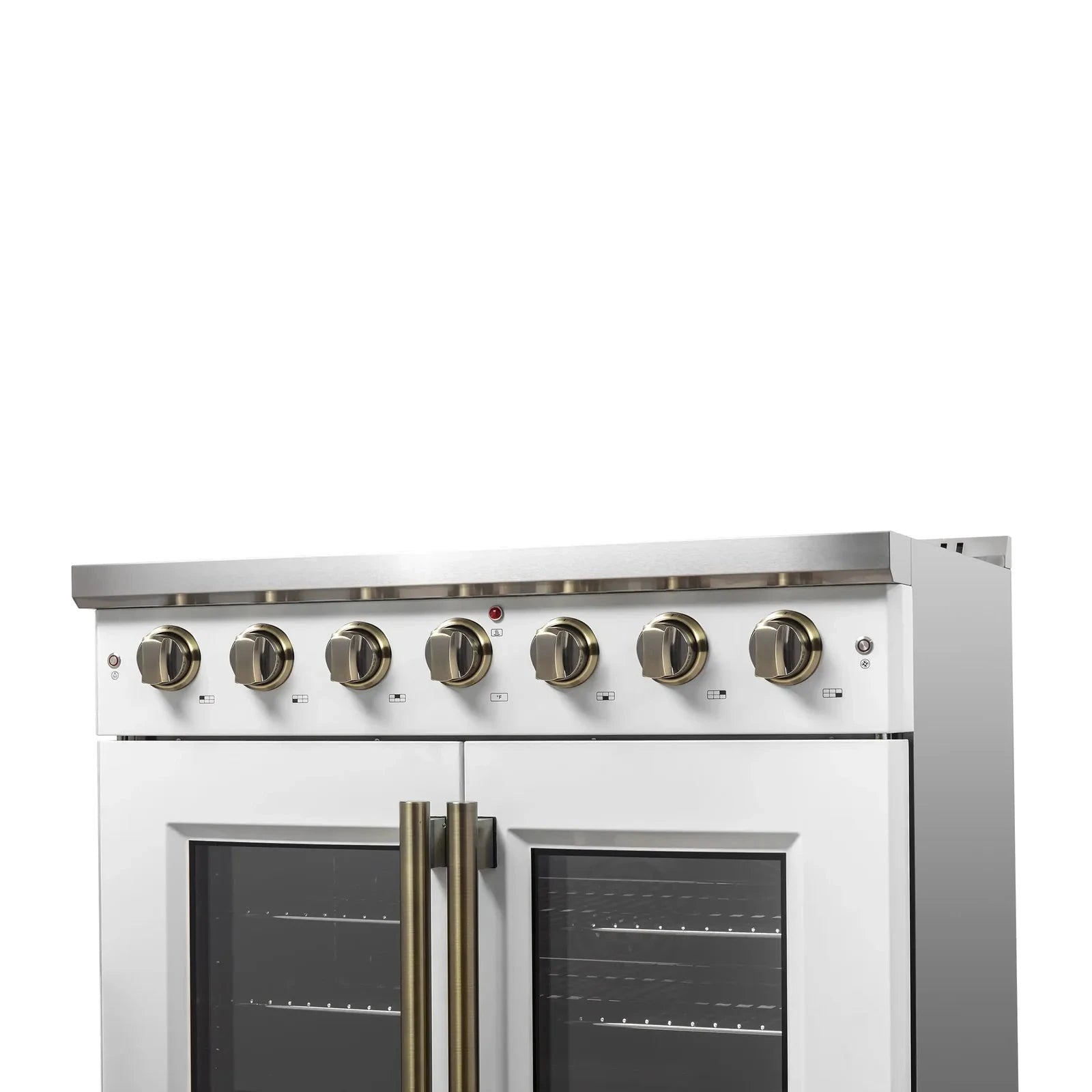 Forno Galiano 36-Inch French Door All Gas Range in White with Antique Brass Trim - Model FFSGS6444 36WHT | Professional Kitchen Appliance for Home Chefs & Modern Cooking