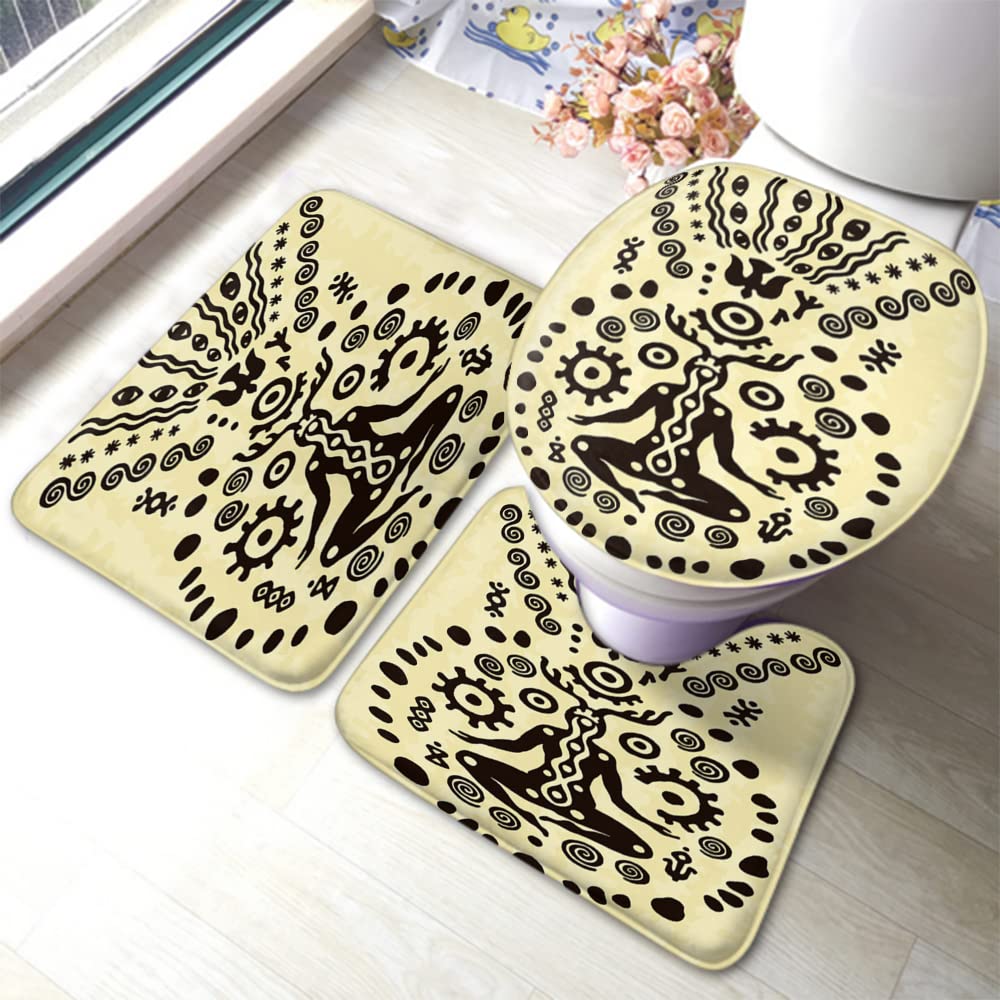 Swono 3-Piece Ethnic Tribal Bathroom Rug Set - Non-Slip U-Shaped Contour Rug, Toilet Lid Cover & Bath Mat with Rubber Backing | Native American Inspired Decor for Boho, Farmhouse & Vintage Style Bathrooms