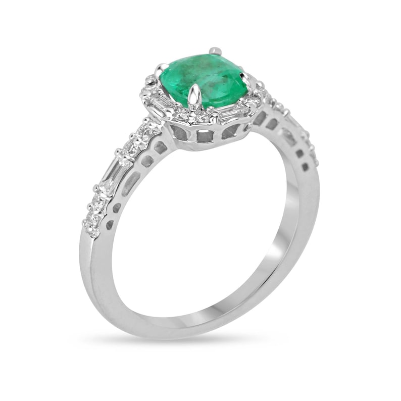 1.55tcw 14K Gold Vivid Green Cushion Cut Emerald & Round Baguette Diamond Halo Engagement Ring - Perfect for Proposals, Anniversaries & Bridal Jewelry