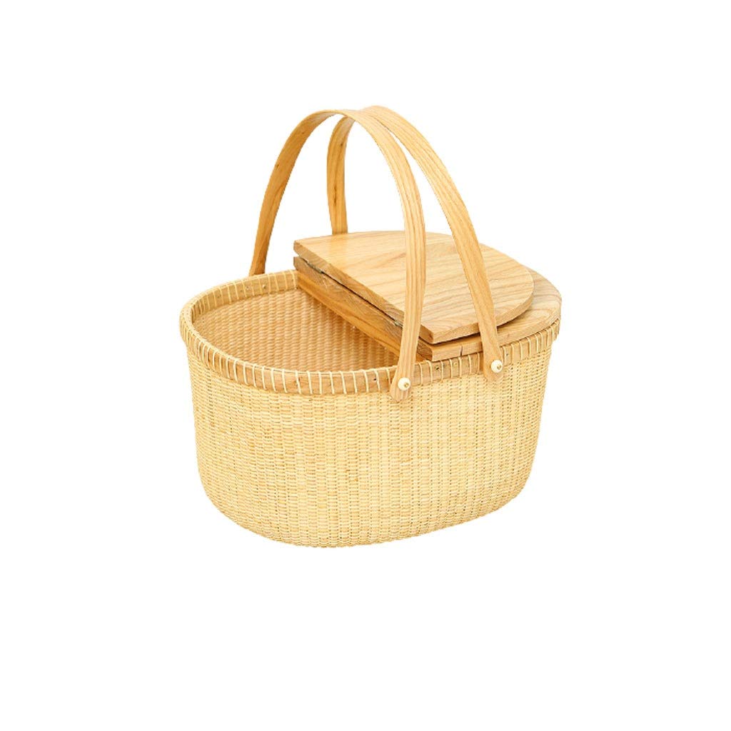 Hand-Woven Rattan Storage Basket with Lid - Large White Cork Wood Picnic Basket for Garden, Shopping, Home Decor & Organizing | Perfect for Outdoor Gatherings, Beach Trips & Stylish Storage Solutions