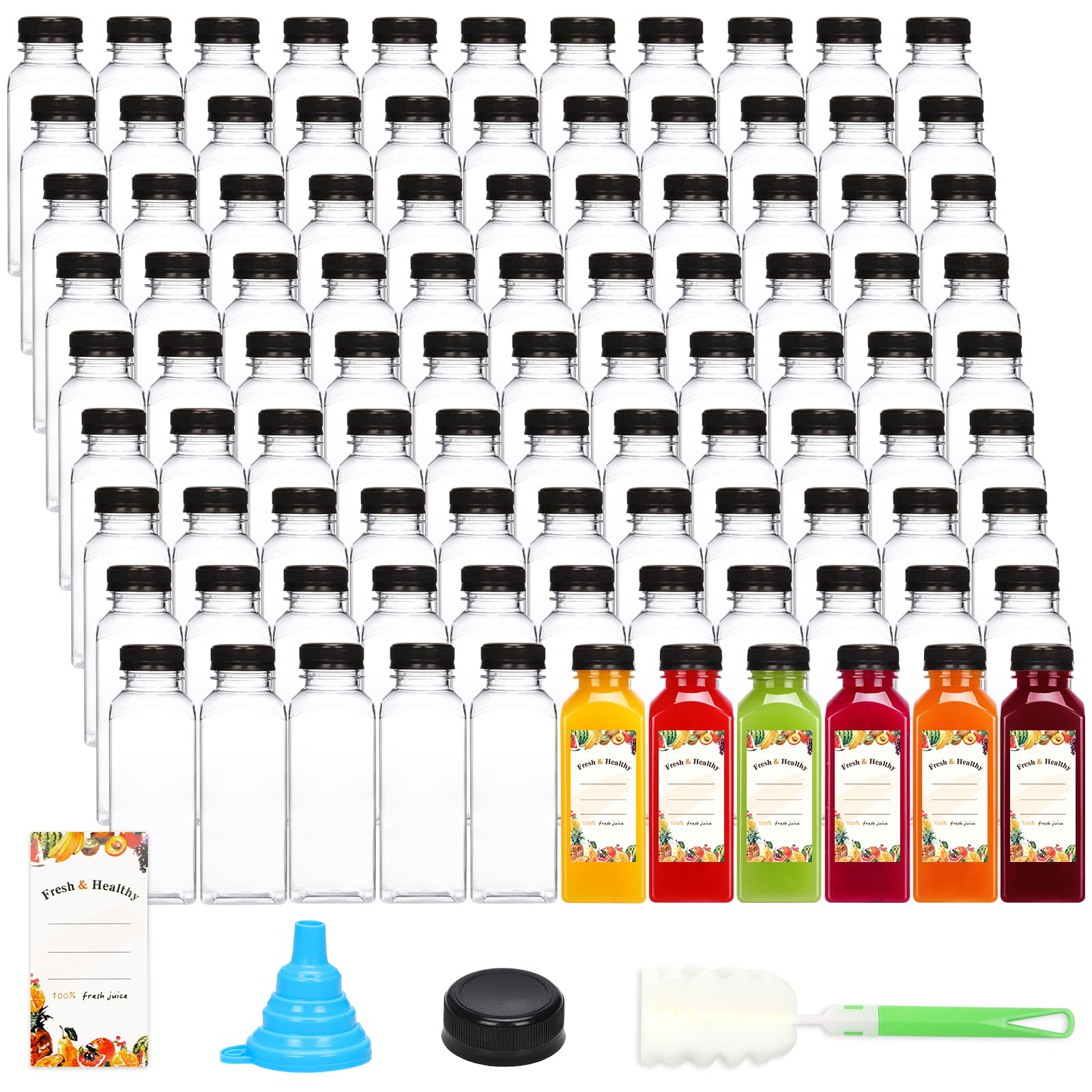 Moretoes 160pcs 12oz Clear Plastic Juice Bottles with Lids - Reusable Empty Bottles with Brush Funnel & Labels for Juicing, Smoothies, Cold Brew, Meal Prep & DIY Beverages - Perfect for Home, Cafe & Juice Bar Use