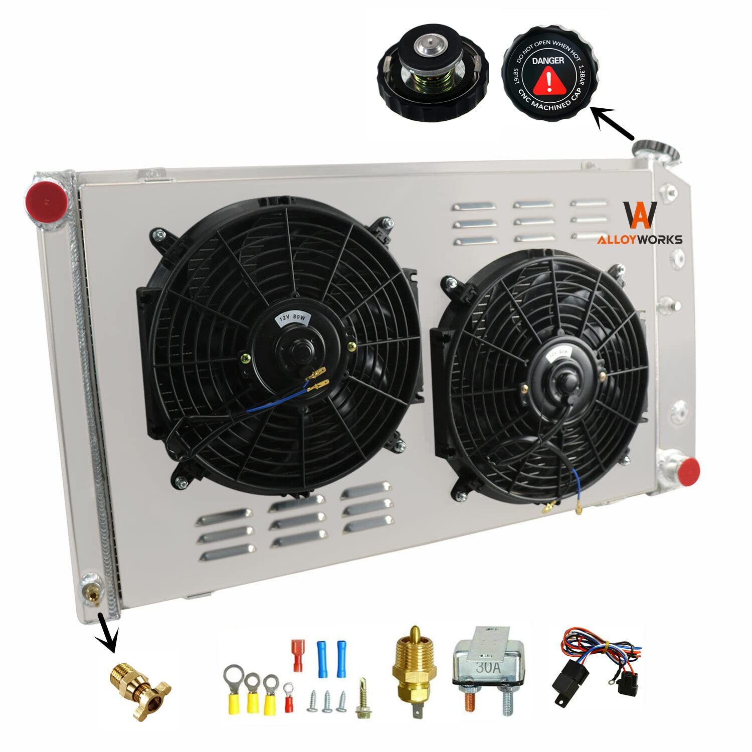 AlloyWorks CC162 4-Row Core Aluminum Radiator with Fan Shroud & Relay Kit - Compatible with 1970-1987 Chevy Blazer C/P/G/K Series, 1975-1988 Oldsmobile Cutlass, 1975-1987 Buick Models (AT/MT) - High Performance Crossflow Cooling System for Off-Roading & Classic Car Restoration