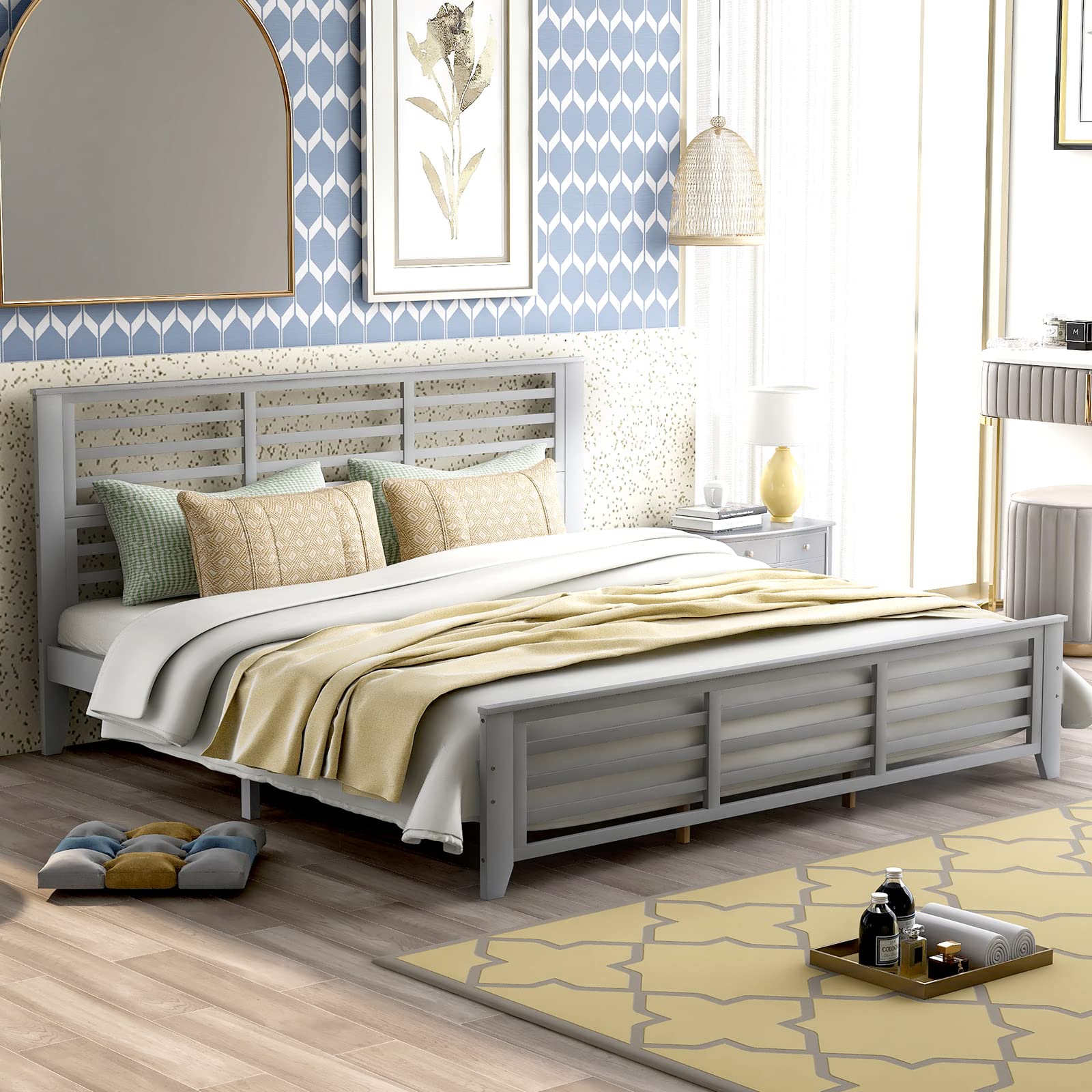 Solid Wood King Platform Bed Frame with Headboard & Footboard - Horizontal Strip Hollow Design for Modern Bedroom Furniture | Perfect for Master Bedroom, Guest Room & Home Decor