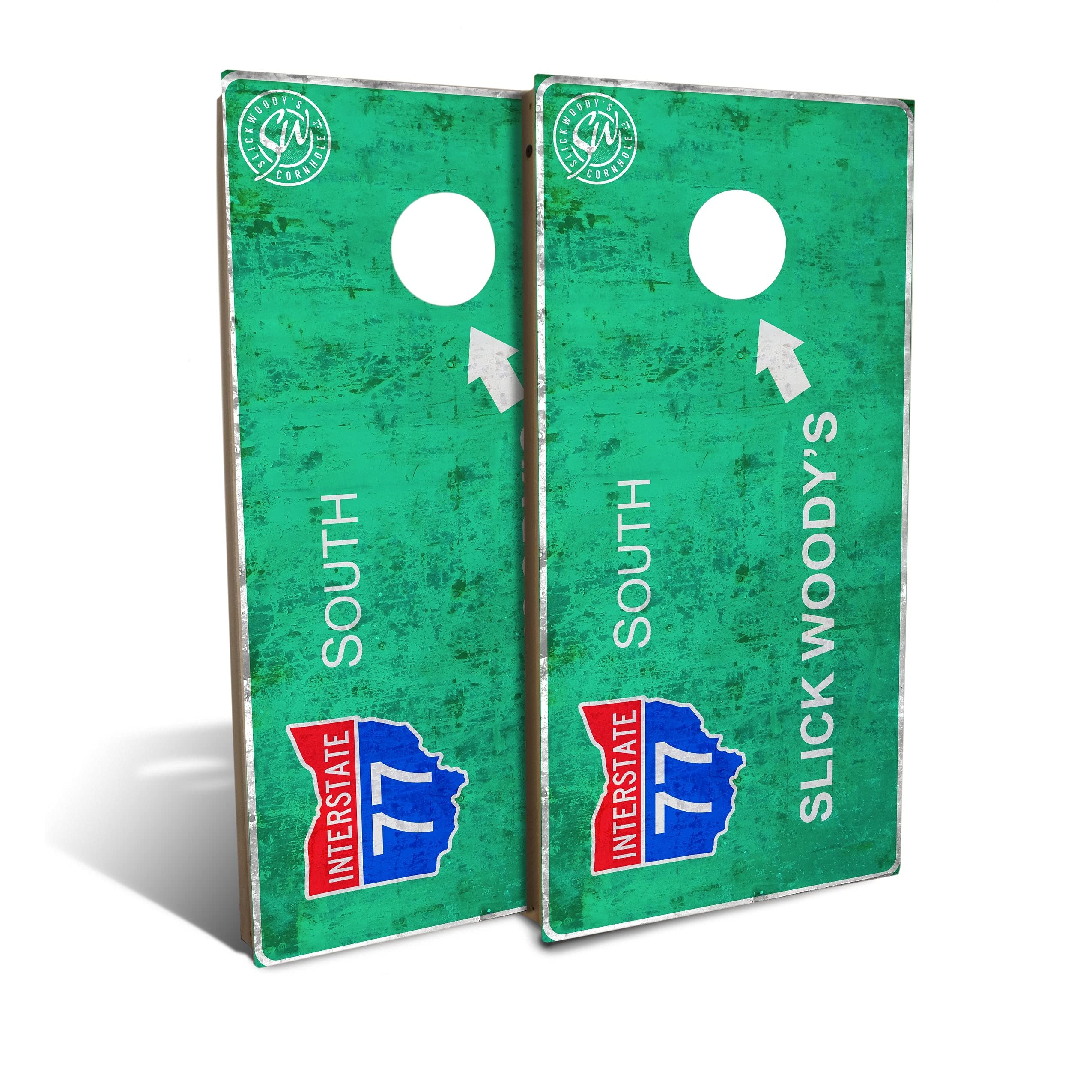 Premium Interstate 77 Cornhole Board Set with 8 All-Weather Bags - Regulation Size Outdoor Bean Bag Toss Game for Backyard Parties, Tailgating & BBQ Events