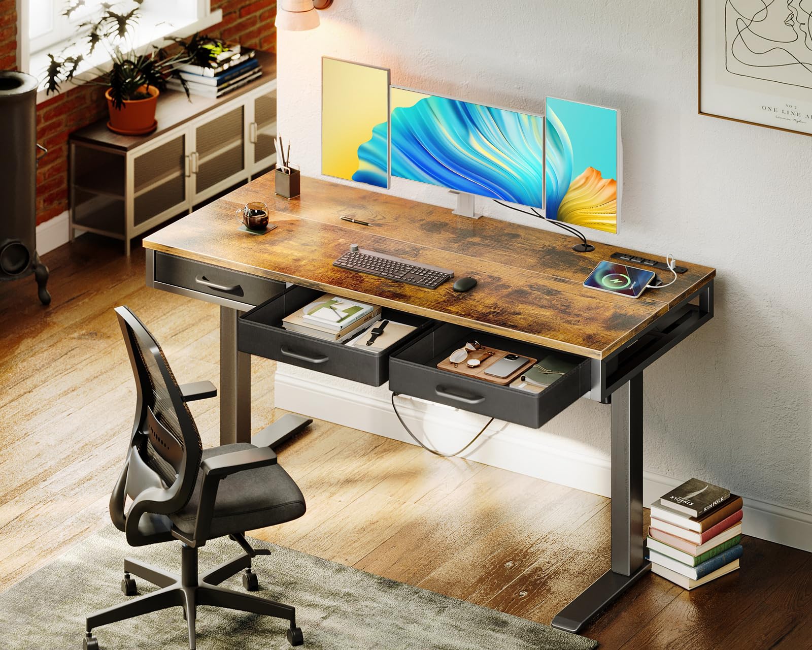 AODK 55 Inch Electric Height Adjustable Standing Desk with Drawers & Power Outlets - Sit Stand Computer Desk for Home Office, Ergonomic Workstation (Rustic Brown) - Perfect for Remote Work, Gaming & Study Spaces