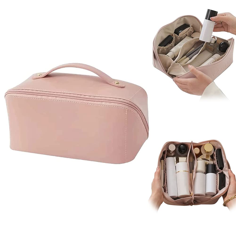 Premium Large Leather Makeup Bag for Women - Waterproof Travel Cosmetic Organizer with Handle & Dividers - Roomy Portable Makeup Case for Girls | Perfect for Travel, Gym, Daily Use & Gift Giving