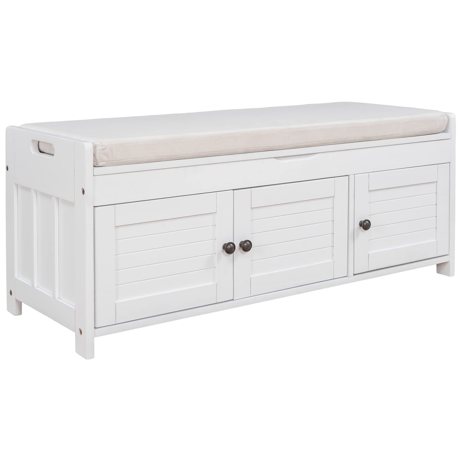 White Storage Bench with 3 Shutter Doors - Shoe Bench with Removable Cushion & Hidden Storage - Fully Assembled Entryway, Hallway, Living Room Furniture - Perfect for Organizing Shoes, Hats & Home Decor Accessories