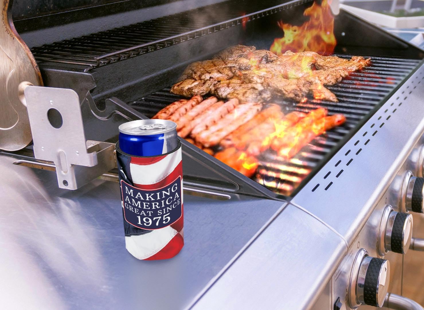 48-Pack Ultra Slim Seltzer Can Coolers with US Flag Design - Perfect for 50th Birthday Party Favors & Patriotic Celebrations (Born in 1975 Theme) - Keep Drinks Cold at BBQs, Pool Parties & 4th of July Events