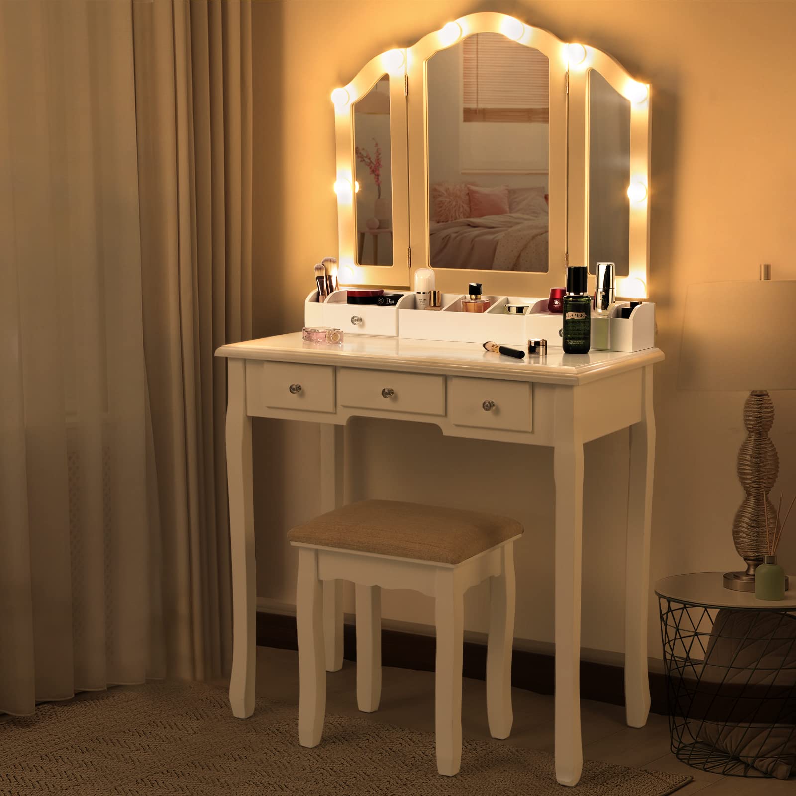 White Vanity Desk with Mirror and LED Lights - Makeup Vanity Table with Tri-Folding Mirror, Storage Drawers & Matching Chair | Perfect for Bedroom, Dressing Room & Home Beauty Salon