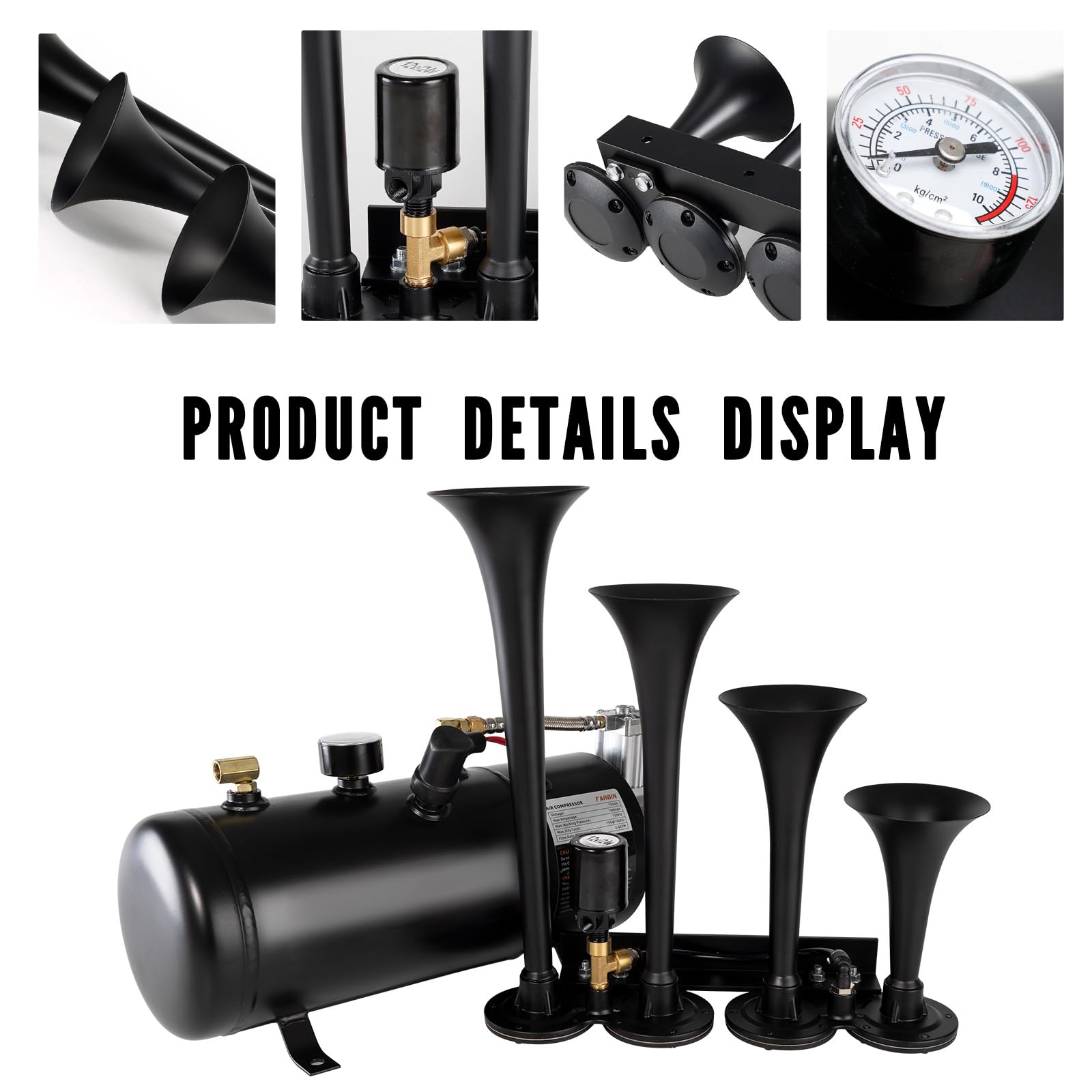 180dB Super Loud Train Horn Kit - 4 Trumpet Truck Air Horn with 150 PSI Air Tank & 0.8 Gallon Compressor - 12V Heavy Duty Vehicle Horn for Trucks, Jeeps, Pickups, SUVs (Black Parallel Horn Kit) - Perfect for Off-Roading, Emergency Alerts & Vehicle Customization