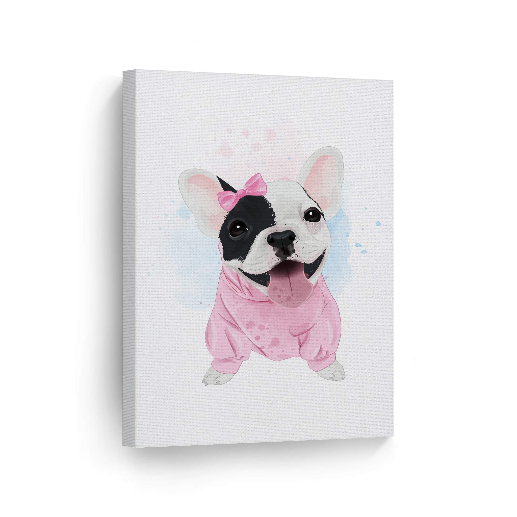 Cute French Bulldog Pink Sweatshirt & Ribbon Watercolor Canvas Print - Woodland Animal Wall Art for Pet Lovers, Dog Owners, Mom & Dad Gift, Nursery Decor (40x30 Rolled) - Perfect for Living Room, Bedroom, or Kids Room Decoration