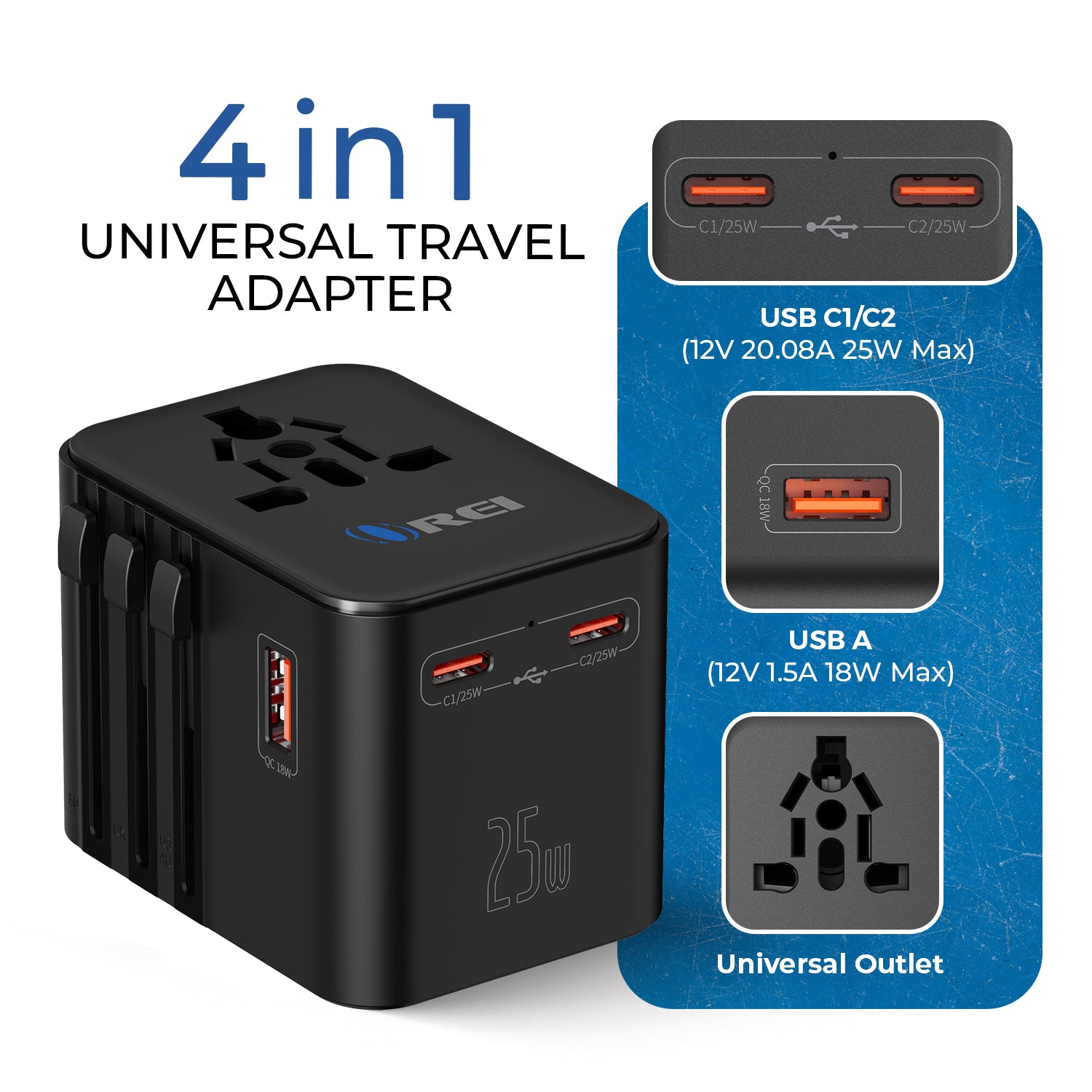 OREI 25W Universal Travel Adapter - 4 in 1 Fast Charging Power Plug for 150+ Countries with USB C & USB A Ports | Perfect for International Travel, Business Trips & Vacation Charging Needs