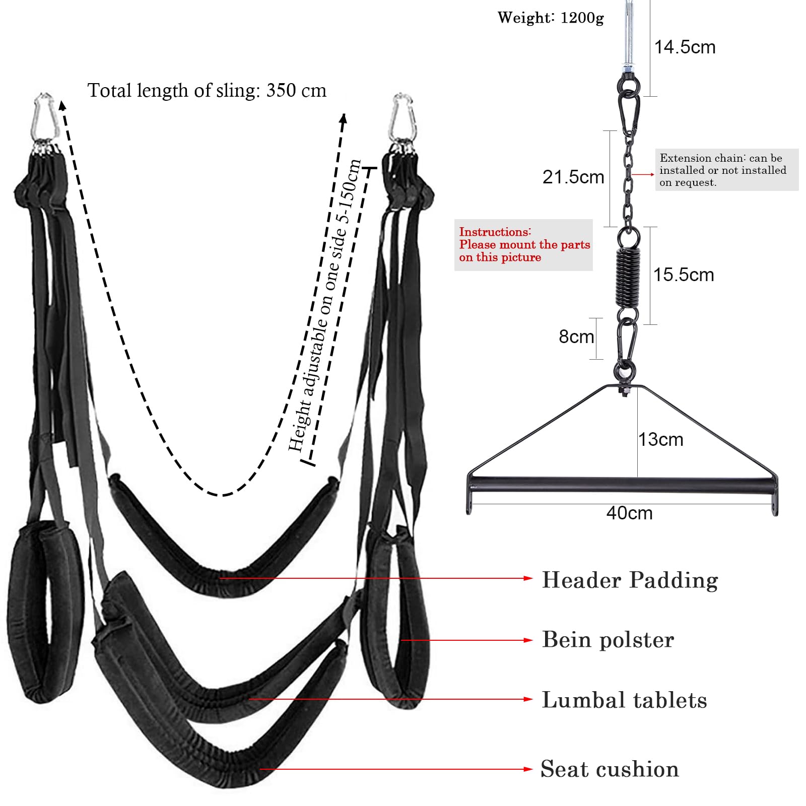 Premium Ceiling-Mounted Sex Swing for Couples - Extra Wide Padded BDSM Swing Set with 5 Accessories (Handcuffs, Whip, Blindfold) - Heavy Duty Sex Furniture Supports Up to 150kg - Perfect for Spicing Up Your Bedroom & BDSM Play