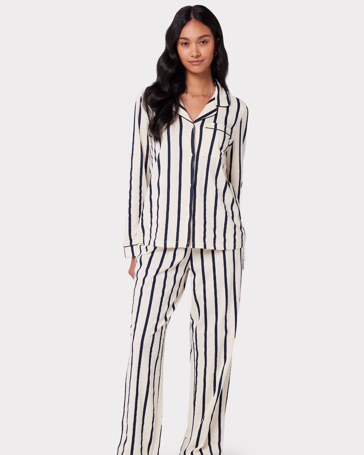 Organic Cotton Striped Long Sleeve Pajama Set for Women - Navy Blue - Soft & Comfortable Sleepwear for Nighttime Relaxation & Lounging