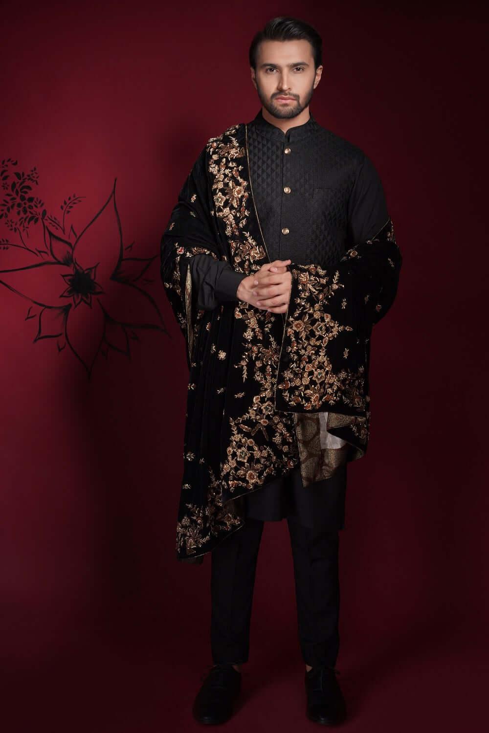 Jet Black Diamond Classic Signature Waistcoat Shawl Set for Men - Elegant Formal Wear for Weddings, Parties & Special Occasions