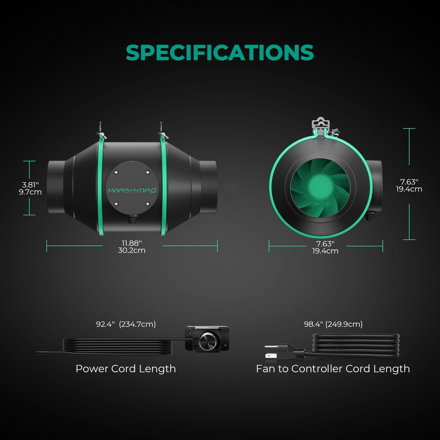 MARS HYDRO 4 Inch Inline Fan with Variable Speed Controller - 205 CFM Quiet & Efficient Inline Duct Fan - Ventilation Exhaust Fan for Grow Tents, Hydroponics, Cooling Booster - Perfect for Indoor Gardening, Greenhouse Ventilation & Home Cooling Systems