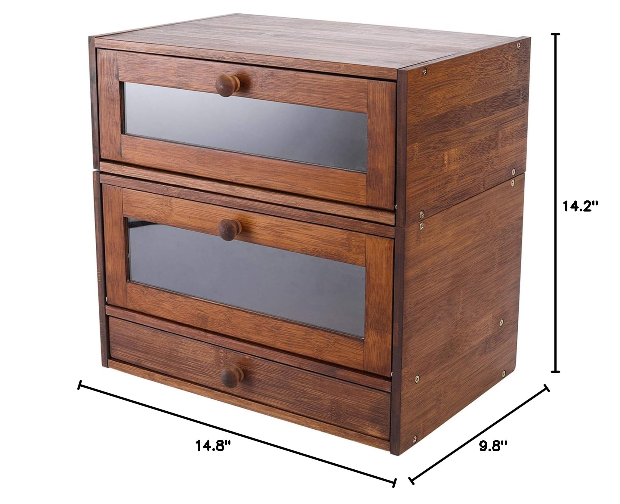 2-Tier Bamboo Bread Storage Box with Clear Window & Utensil Drawer - Stackable Kitchen Countertop Organizer for Bread, Pastries & Baked Goods - Perfect for Pantry, Bakery & Home Kitchen Organization