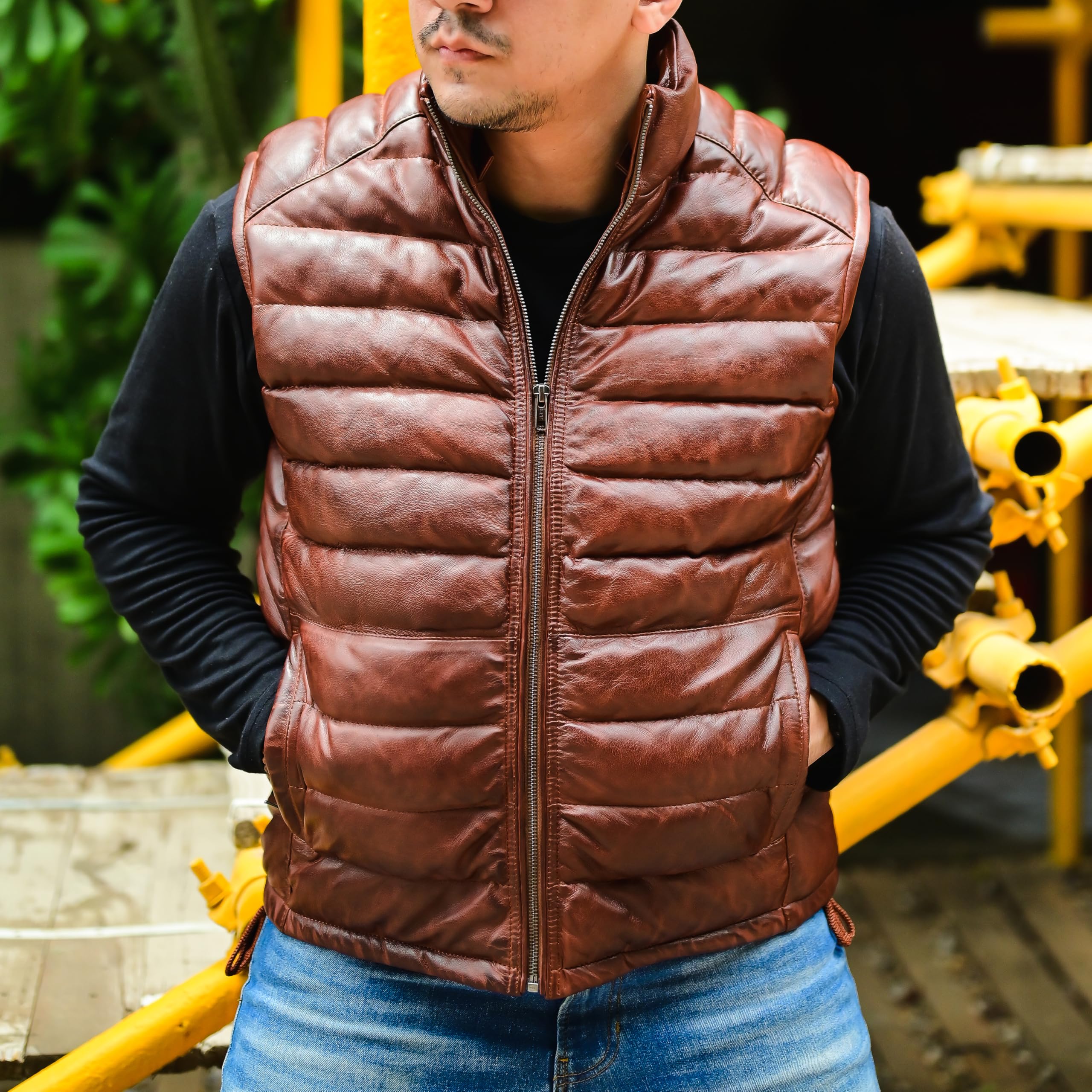 Jild Lambskin Leather Puffer Vest with Removable Hood - Stand Collar Sleeveless Jacket for Men | Winter Fashion Outerwear for Casual & Street Style