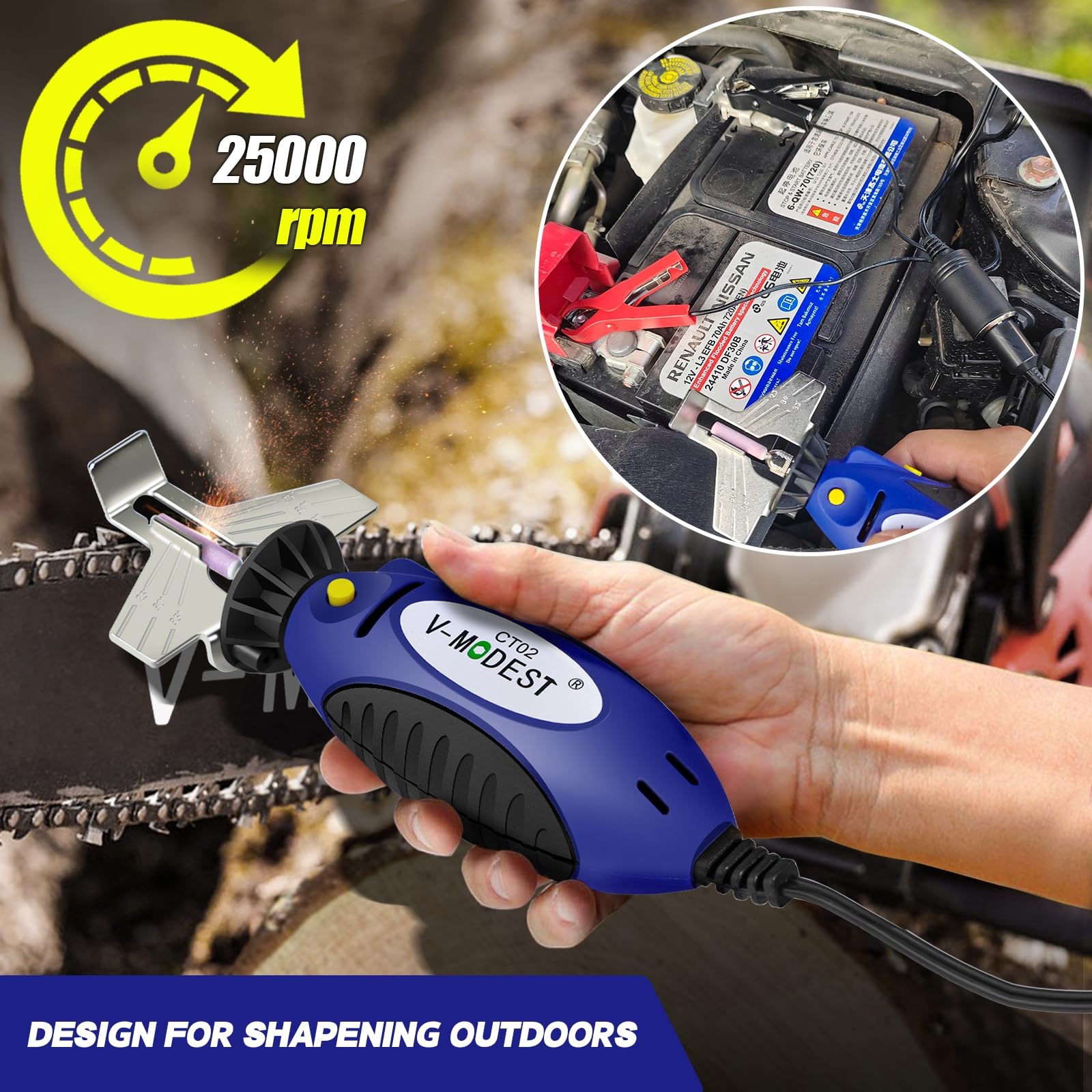 12V Handheld Electric Chainsaw Sharpener Tool - 25000 RPM Portable Grinder with 6 Titanium Diamond Bits - Fits All Chainsaw Chains - Car Battery Powered - Perfect for Outdoor Wood Cutting, Tree Trimming, and DIY Chainsaw Maintenance