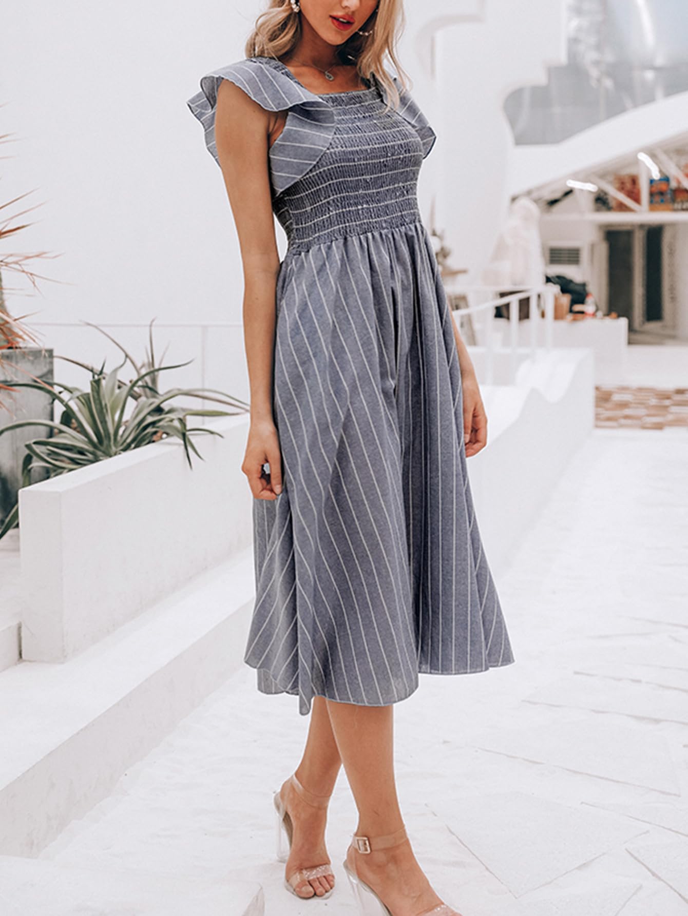 Miessial Women's Casual Summer Midi Dress - Short Sleeve Smocked Linen Boho Dress with Pockets | Beach Wedding Guest Outfit, Vacation Wear & Everyday Summer Dress 2025