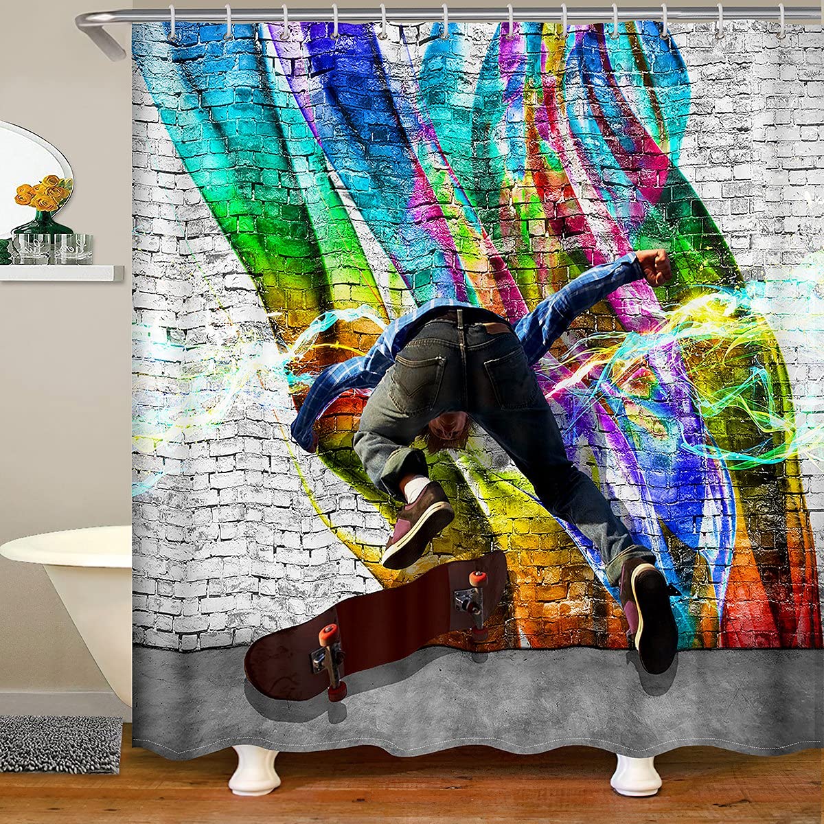 Abstract Colorful Graffiti Waterproof Skateboard Bath Curtain Set - 72x72 Inch Hip Hop Shower Curtain with Hooks for Kids, Boys, Girls & Young Men - Street Sport Bathroom Decor for Urban Style Homes & Teen Bedrooms