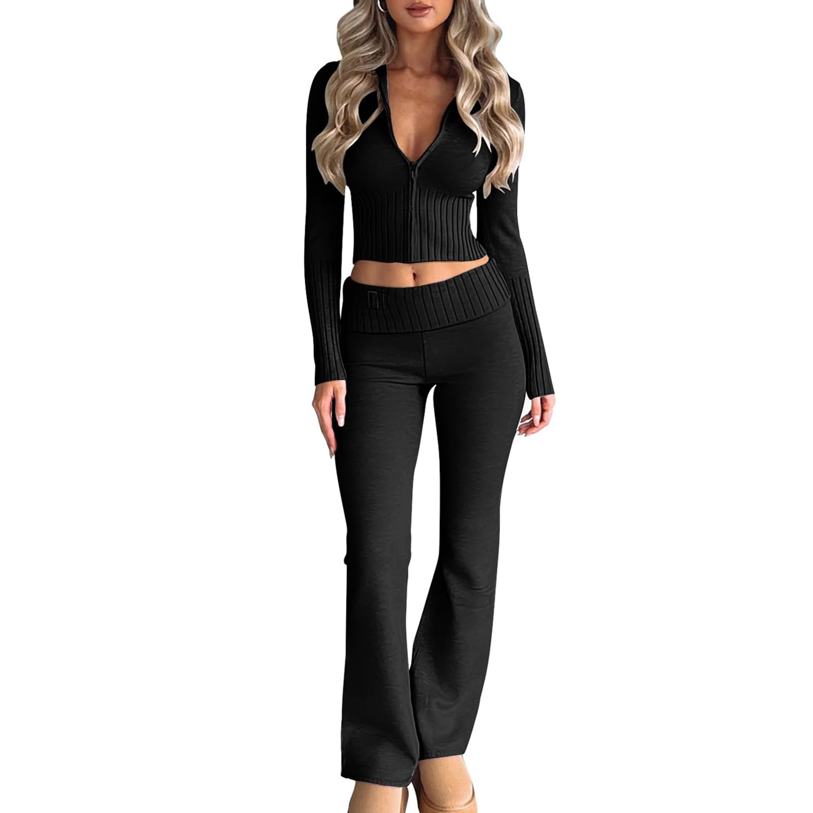 Women's Knit 2-Piece Outfit Set - Long Sleeve Crop Zip Up Hoodie & High Waist Skinny Pants | Y2K Fashion Lounge Wear for Casual Outings, Work from Home & Street Style
