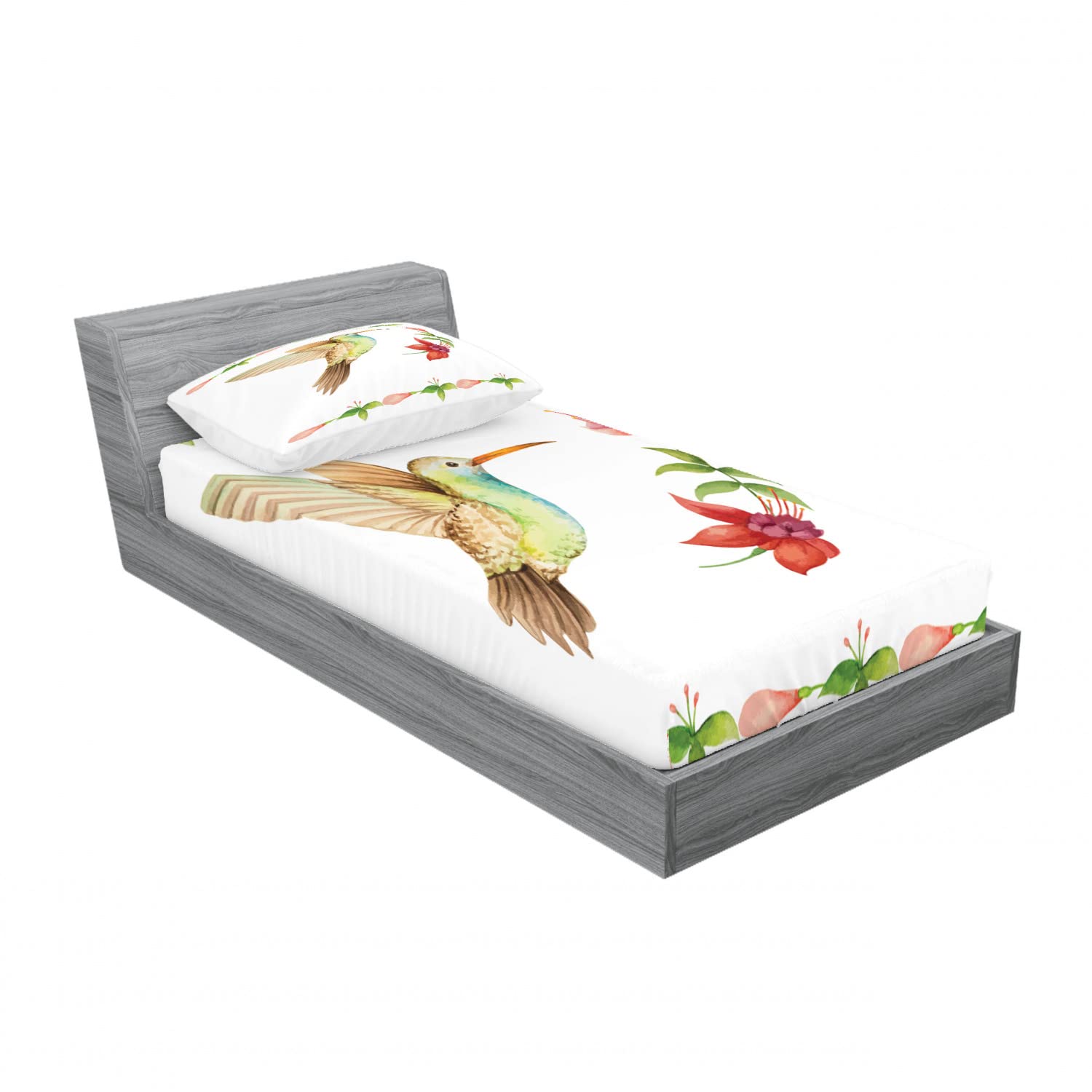 Ambesonne Hummingbird Print 2-Pack Twin XL Fitted Sheet Set with Pillow Shams - 4 Piece Bedding Set in Red & Green - Soft & Breathable for Guest Rooms, Dorms, or Kids' Bedrooms