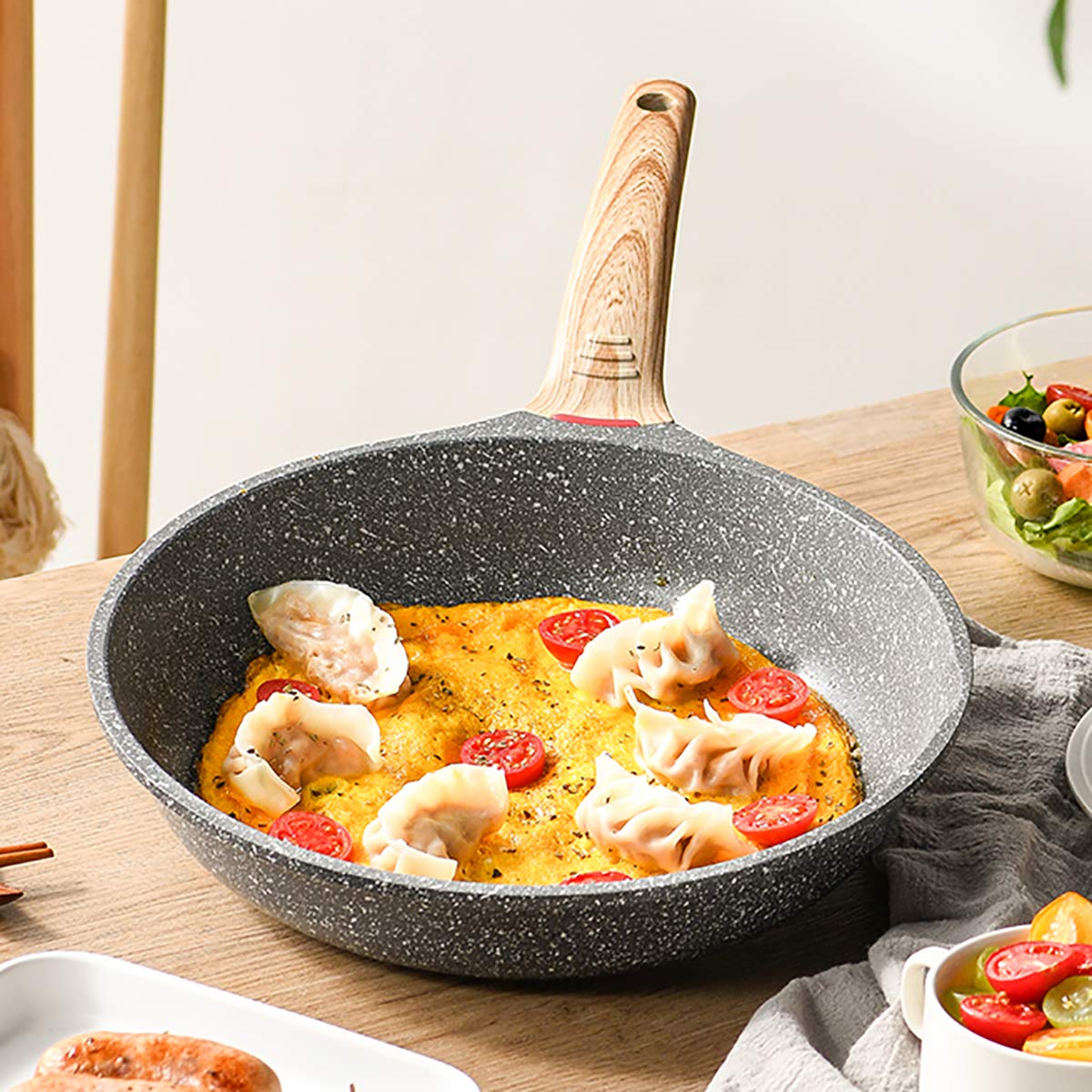 Eco-Friendly Non-Stick Stone Coated Aluminum Alloy Frying Pan with Tempered Glass Lid & Ergonomic Handle - Perfect for Healthy Cooking, Sauteing, Frying & Everyday Family Meals