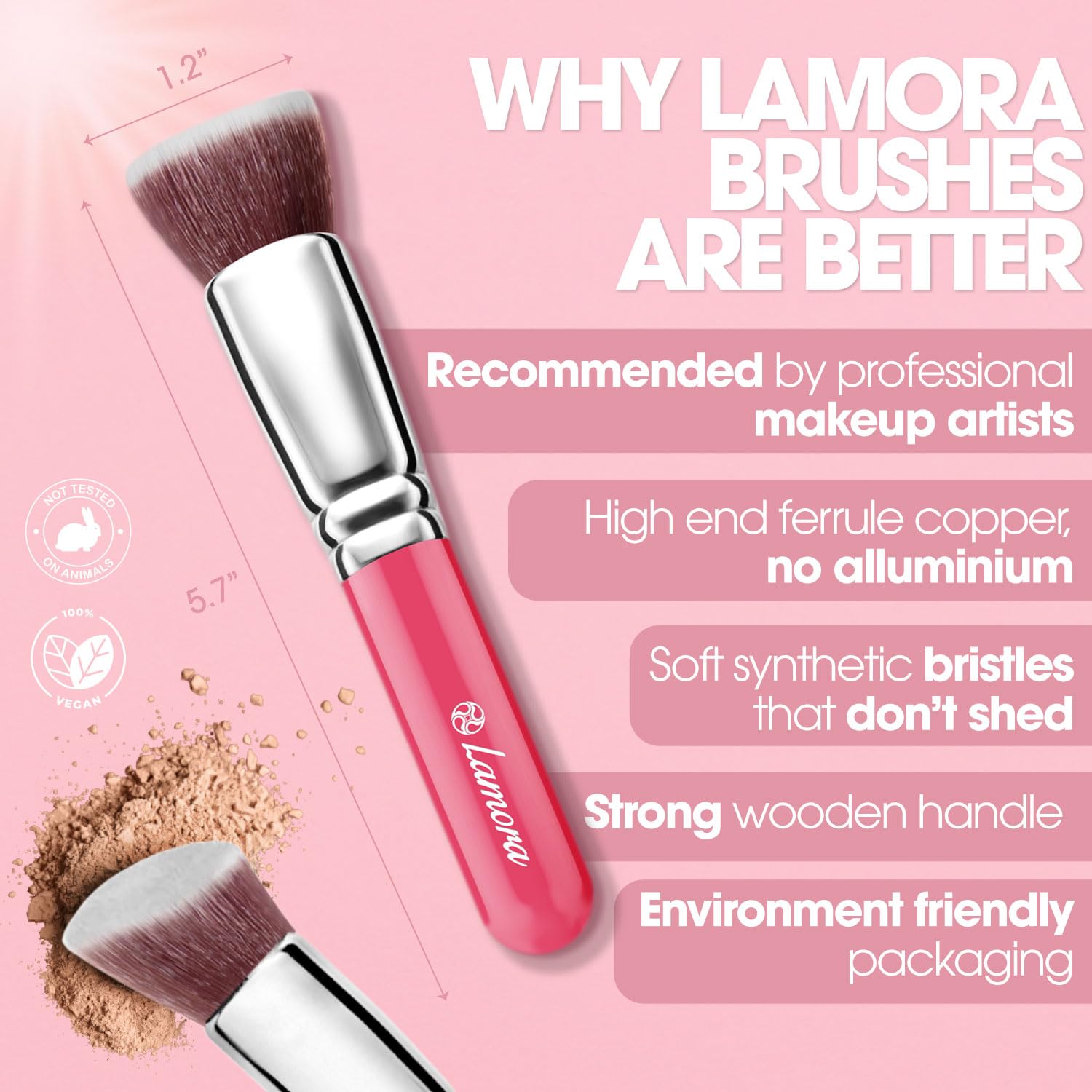 LAMORA Professional Kabuki Makeup Brush for Liquid, Cream, Powder, Blush & Concealer - Flat Top Foundation Brush for Flawless Blending, Buffing & Stippling - Perfect for Everyday Makeup & Professional Makeup Artists