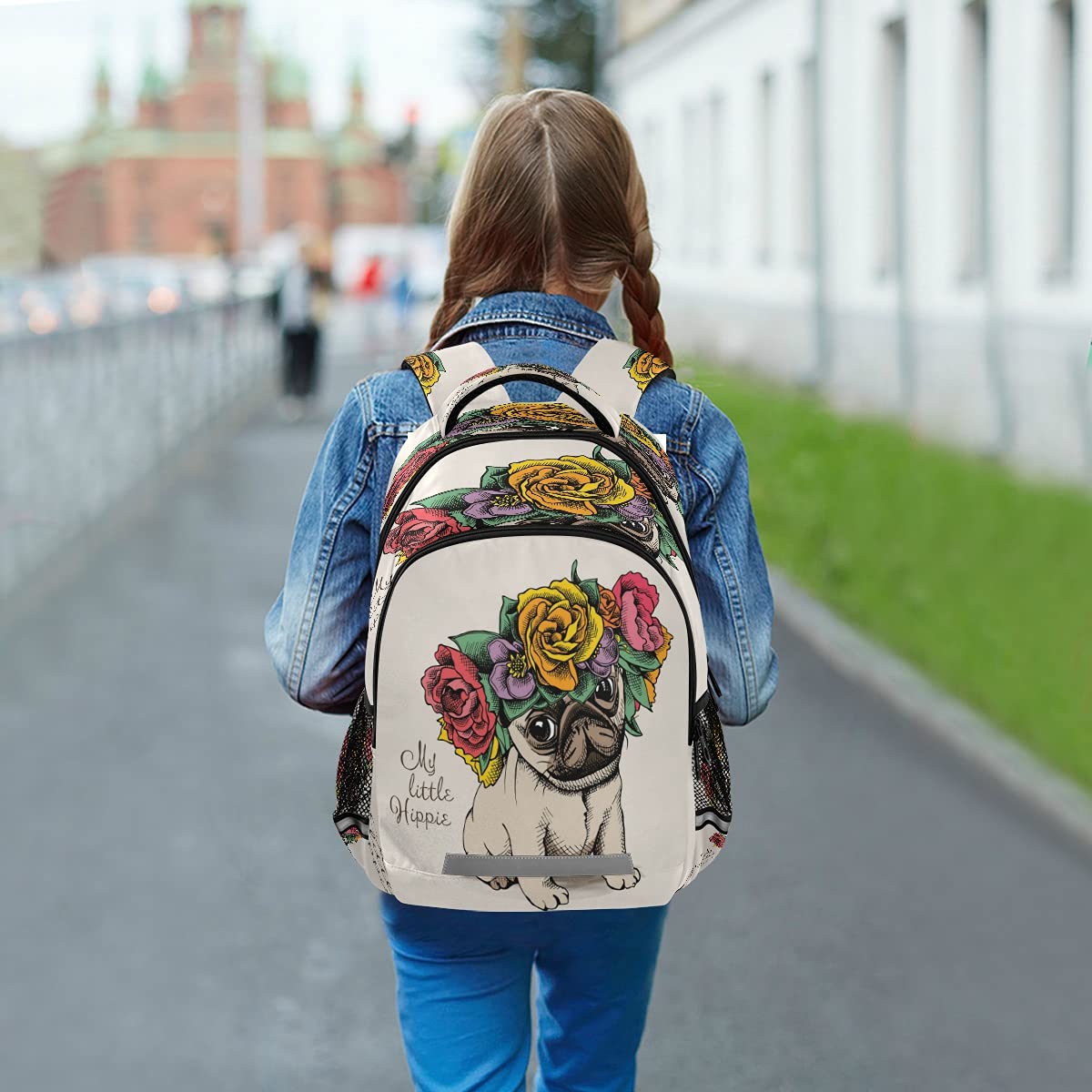 Hippie Pug Puppy with Rose Print Backpack - Cute School Bag for Girls, Boys & Teens - Lightweight Travel Backpack for College, Hiking & Daily Use