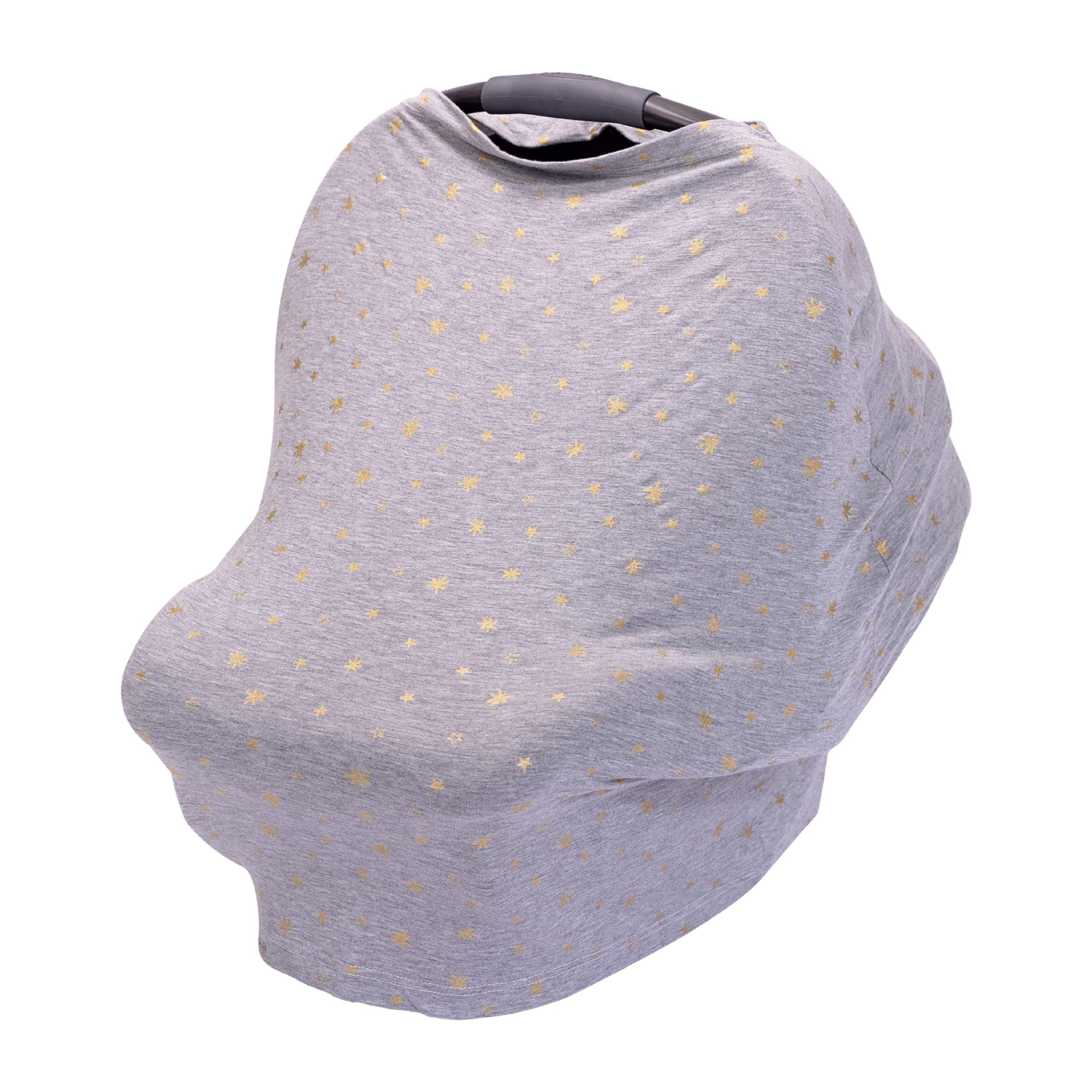 J.L. Childress 4-in-1 Baby Car Seat Cover - Stretchy Multi-Use Canopy & Privacy Shield - Nursing Cover for Breastfeeding - Gender Neutral Grey/Gold Stars Design - Perfect for Travel, Shopping & Outdoor Activities