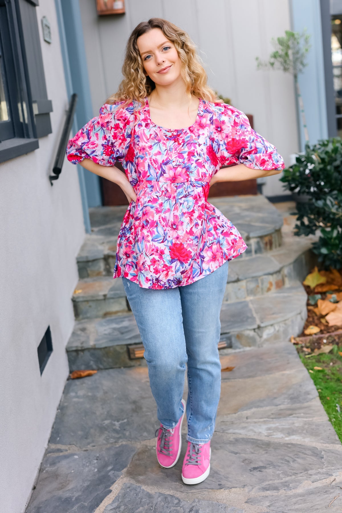 Feeling Femmi Pink & Fuchsia Floral Peplum Woven Top for Women - Elegant Blouse for Spring Summer Outfits, Date Night & Office Wear