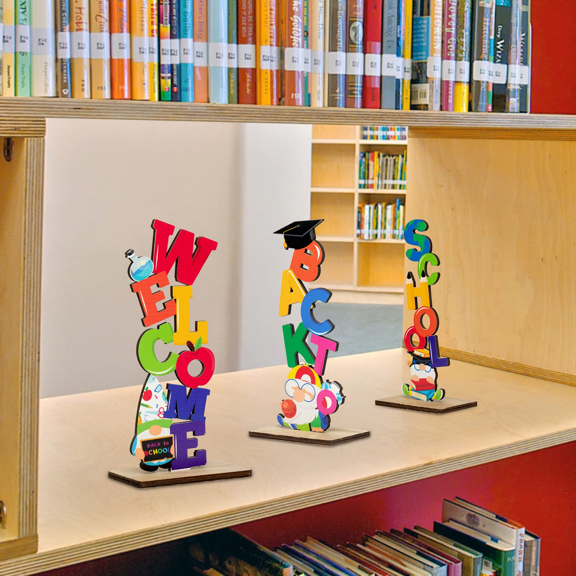 WATINC 3-Piece Welcome Back to School Wooden Table Decor Set - First Day of School Sign, Desk Topper & Photo Prop for Classroom Decorations, Kids Party Centerpieces - Perfect for Back-to-School Celebrations, Teacher Welcome Gifts and Classroom Photo Booths