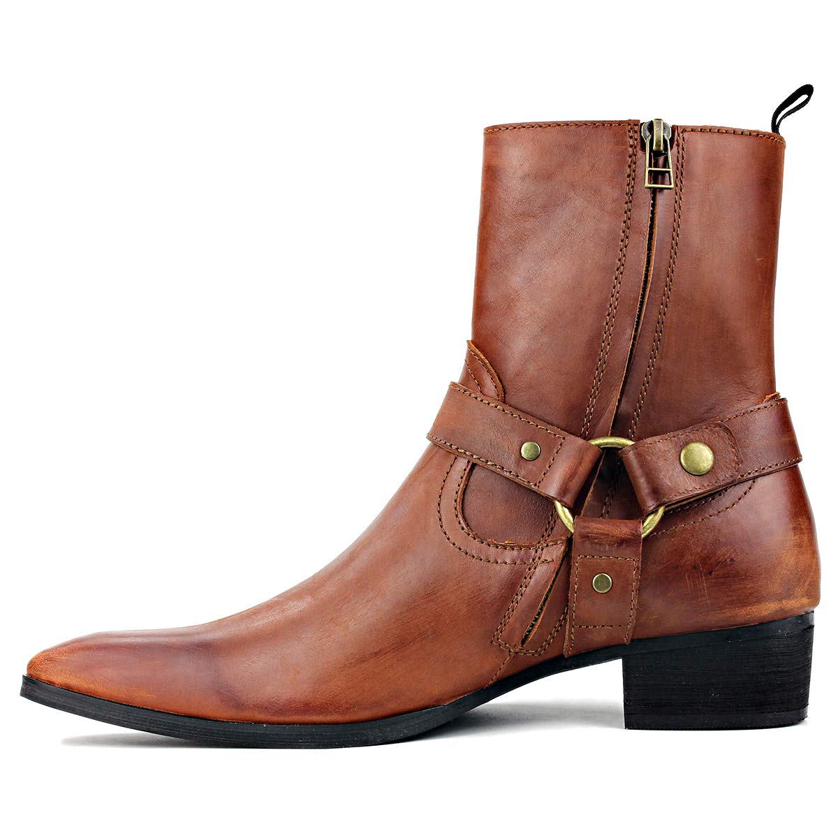 OSSTONE Men's Leather Chelsea Ankle Boots - Side Zipper Chukka Motorcycle Boots with Retro Heel (JY017-R) | Casual Wear, Riding & Dress Boots for Men
