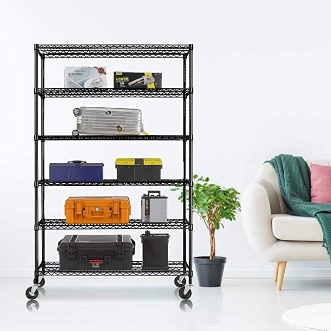 HCB 6-Tier Heavy Duty Wire Shelving Unit 76x48x18 Inches - Adjustable Metal Steel Storage Rack with Wheels for Restaurant, Garage, Pantry & Kitchen Organization (Black) - Perfect for Commercial Kitchens, Warehouse Storage & Home Organization