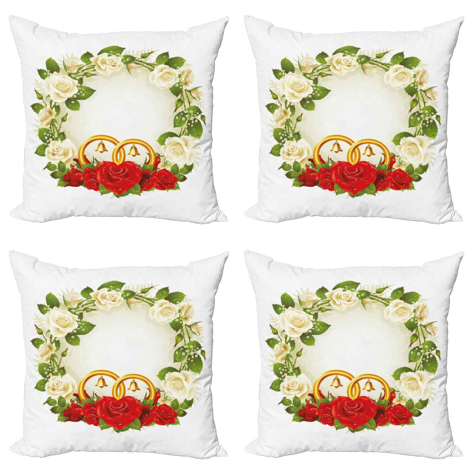 Ambesonne Wedding Decorative Throw Pillow Covers Set of 4 - White & Red Roses with Wedding Rings Romantic Design, 24x24 Inch Square Cushion Covers for Sofa, Couch, Living Room, Bedroom - Perfect for Wedding Decor, Anniversary Gifts & Home Decor