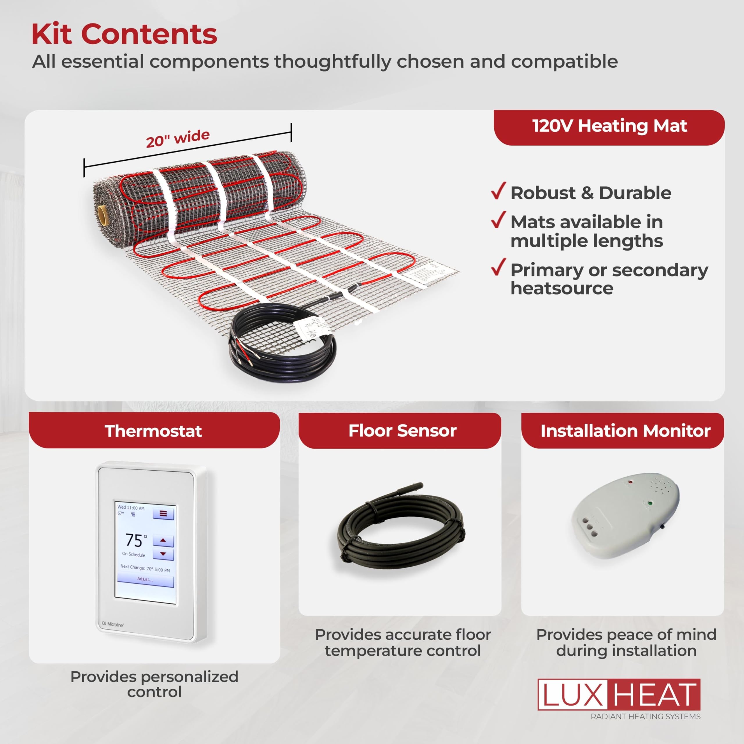 25 Sqft Electric Radiant Floor Heating Mat Kit - 120V Under Tile, Stone & Laminate Floor Warming System with Programmable Thermostat (UDG4 OJ Microline), GFCI & Sensor - Perfect for Bathroom, Kitchen & Basement Floor Heating