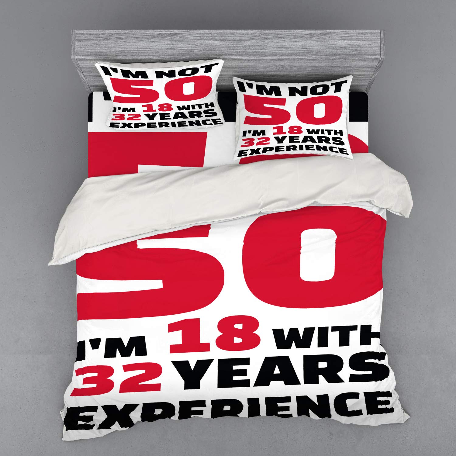 Ambesonne 50th Birthday Bedding Set - 'Forever 18' Age & Life Theme 4-Piece Duvet Cover with Shams & Fitted Sheet, King Size in Red Black White - Perfect for Milestone Celebrations & Adult Bedroom Decor