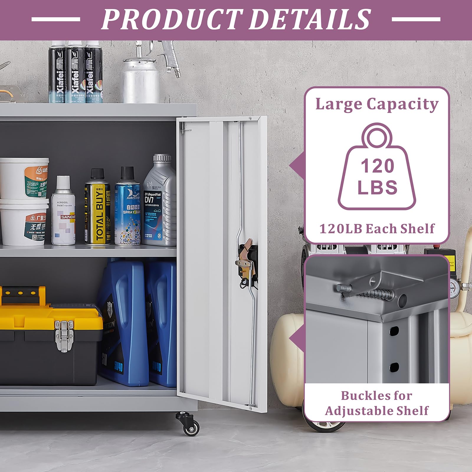 Lockable Metal Storage Cabinet with Adjustable Shelves & Wheels - Heavy Duty Garage Organizer for Home, Office, Kitchen & Living Room - Space Saving Grey Steel Cabinet for Tools, Supplies & Household Items
