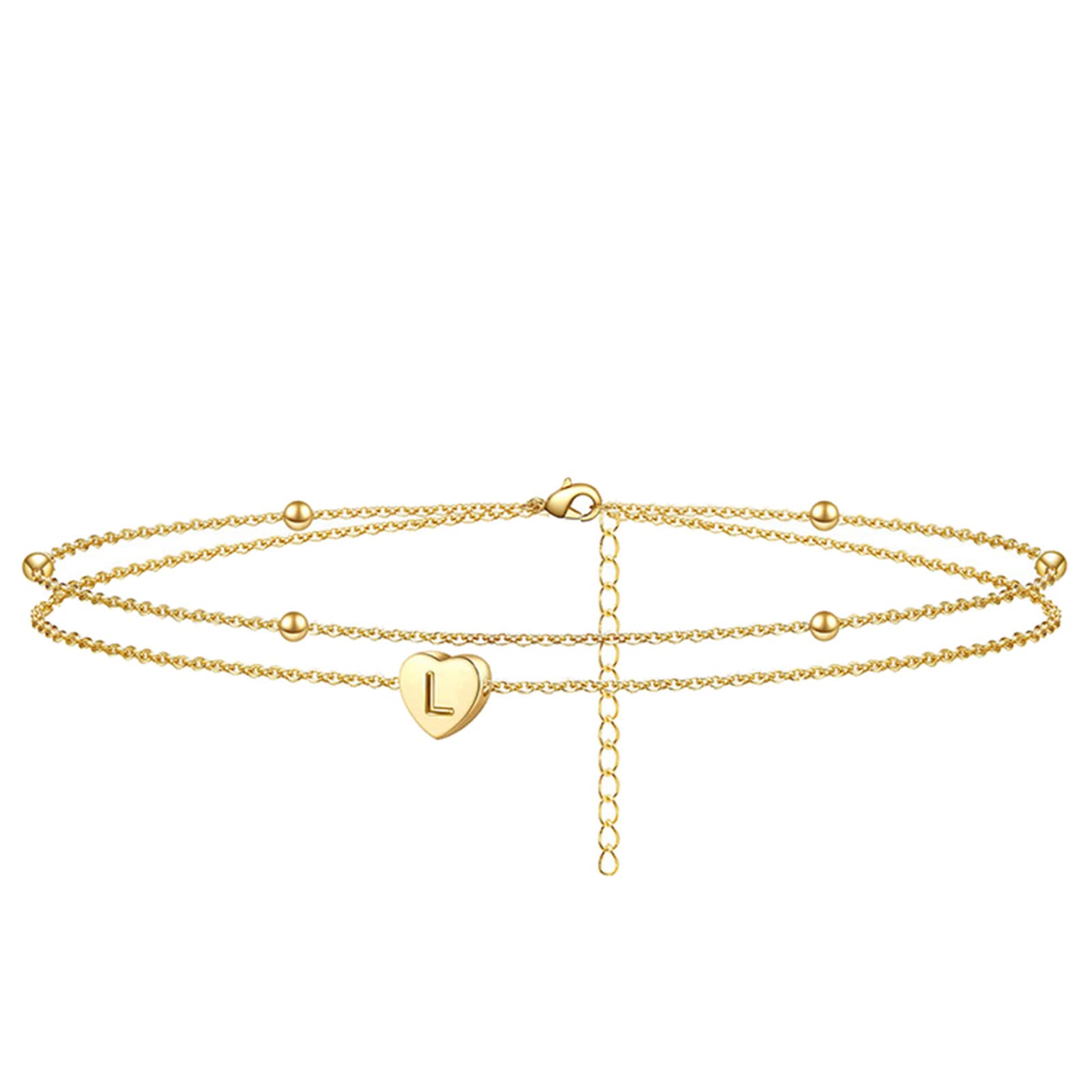 Handmade Heart Initial Beach Ankle Bracelet for Women - Dainty Layered Anklet with Letter Beads & Leather Rings (Size L) | Perfect for Summer Vacations, Beach Trips and Boho Fashion Accessories