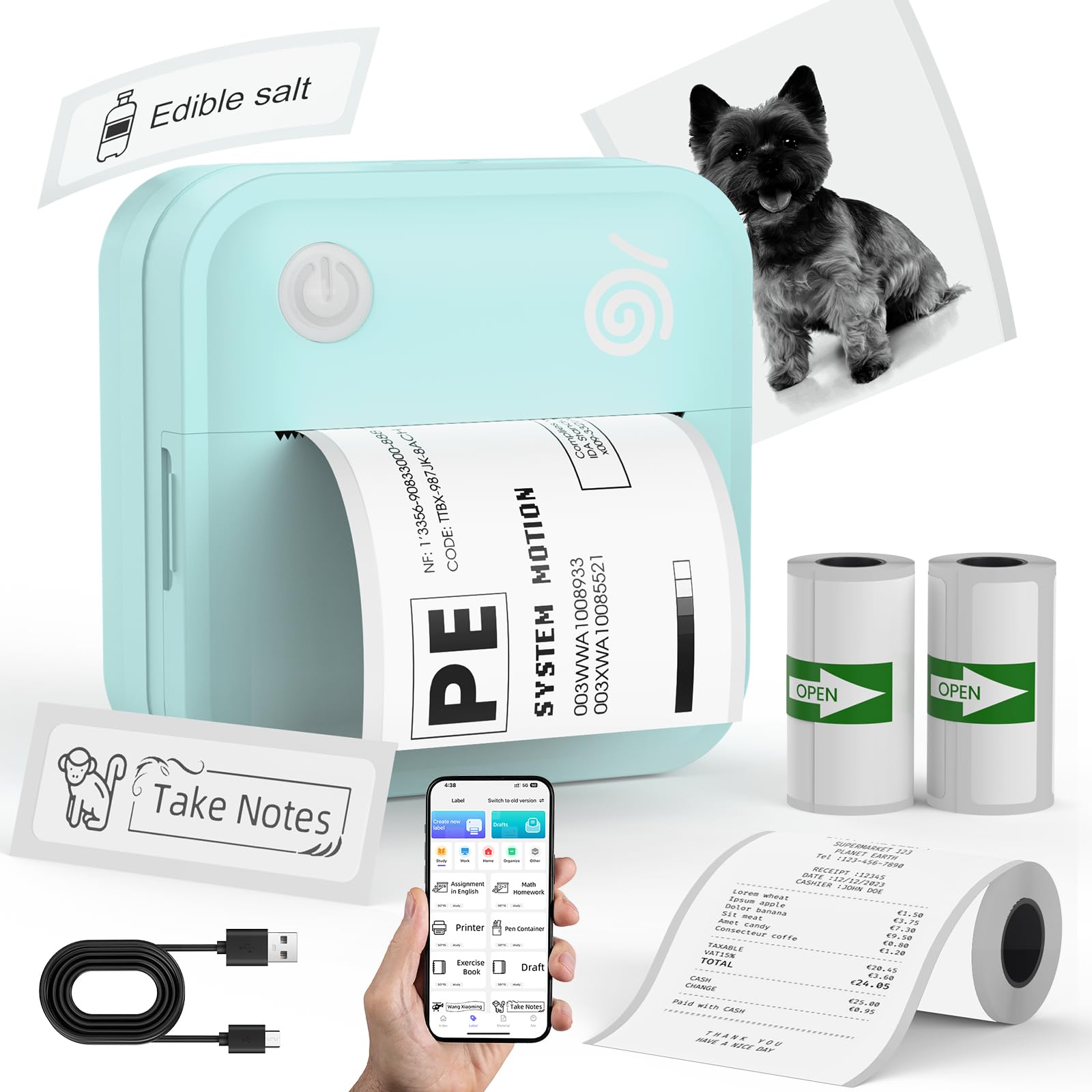 Bluetooth Label Maker Machine - Portable Waterproof Thermal Sticker Printer with 2 Rolls Paper, 50 Fonts & 500+ Icons - Perfect for Home, Office, and Warehouse Organization