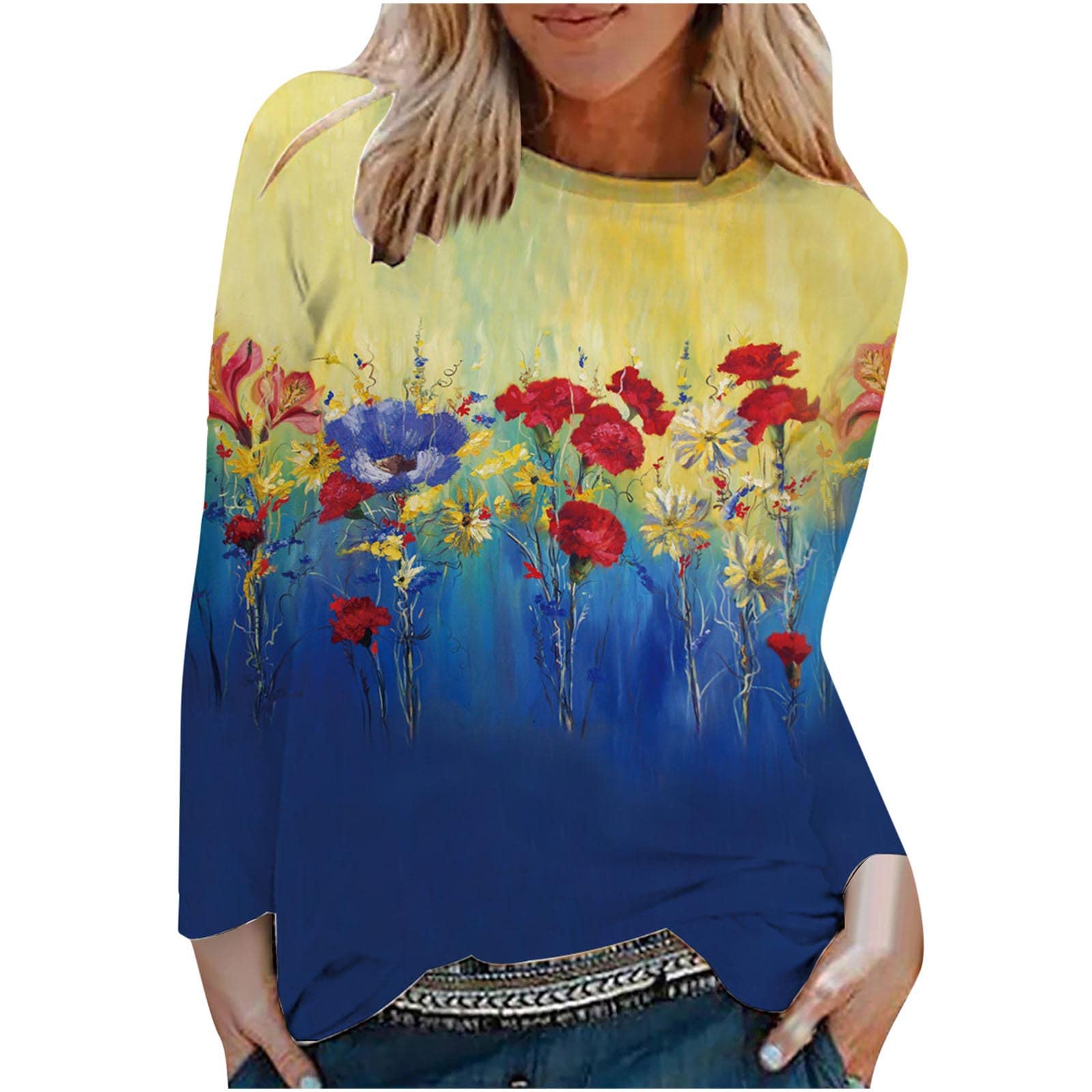 Women's Fall Casual Floral Print Long Sleeve T-Shirt - Crewneck Pullover Blouse for Autumn Outfits | Perfect for Work, Weekend Outings & Layering