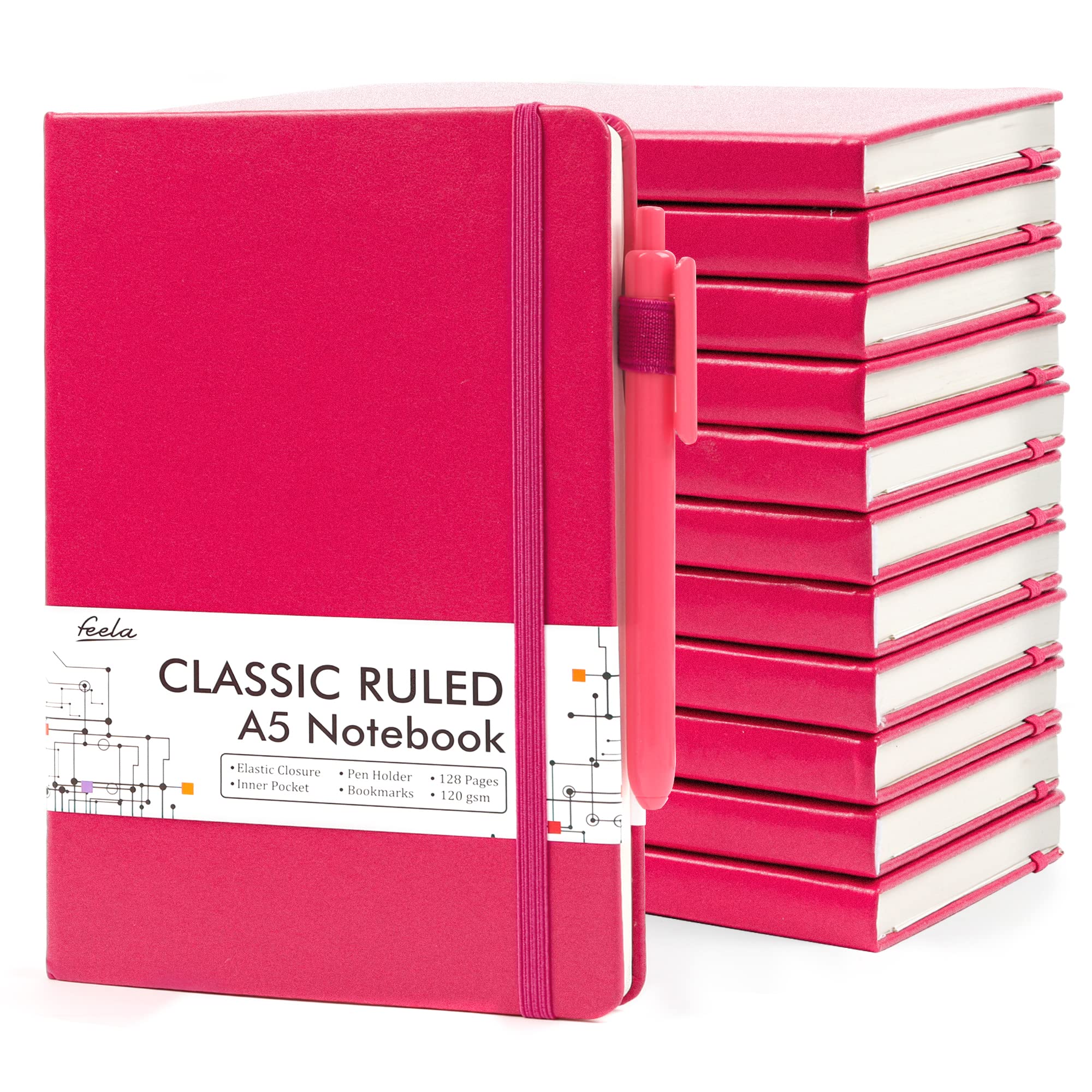 12 Pack A5 Hardcover Notebook Journals with 12 Black Pens - 120 GSM Ruled Writing Notebook Set for School, Office, Business, Travel - Classic Berry Design with Pen Holder (5.1”x8.3”) - Perfect for Note Taking, Journaling, Meetings & Gift Giving