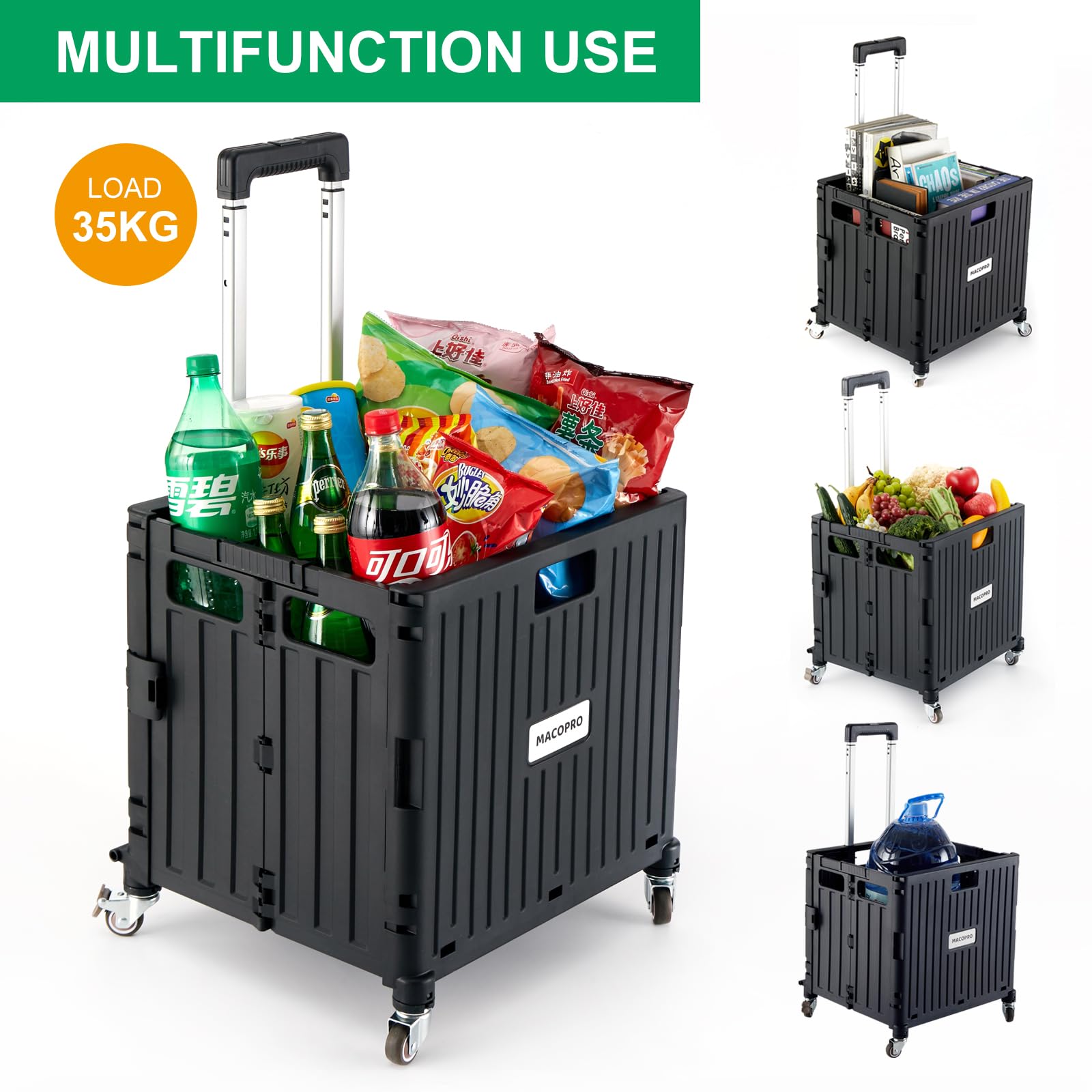 Foldable Utility Cart with Lid & Basket - 4 Rotating Wheels Portable Hand Truck for Grocery Shopping, Office Supplies, Luggage Transport & Classroom Use | Heavy Duty Collapsible Rolling Crate (Black) - Perfect for Teachers, Warehouse, Home & Garden Organization