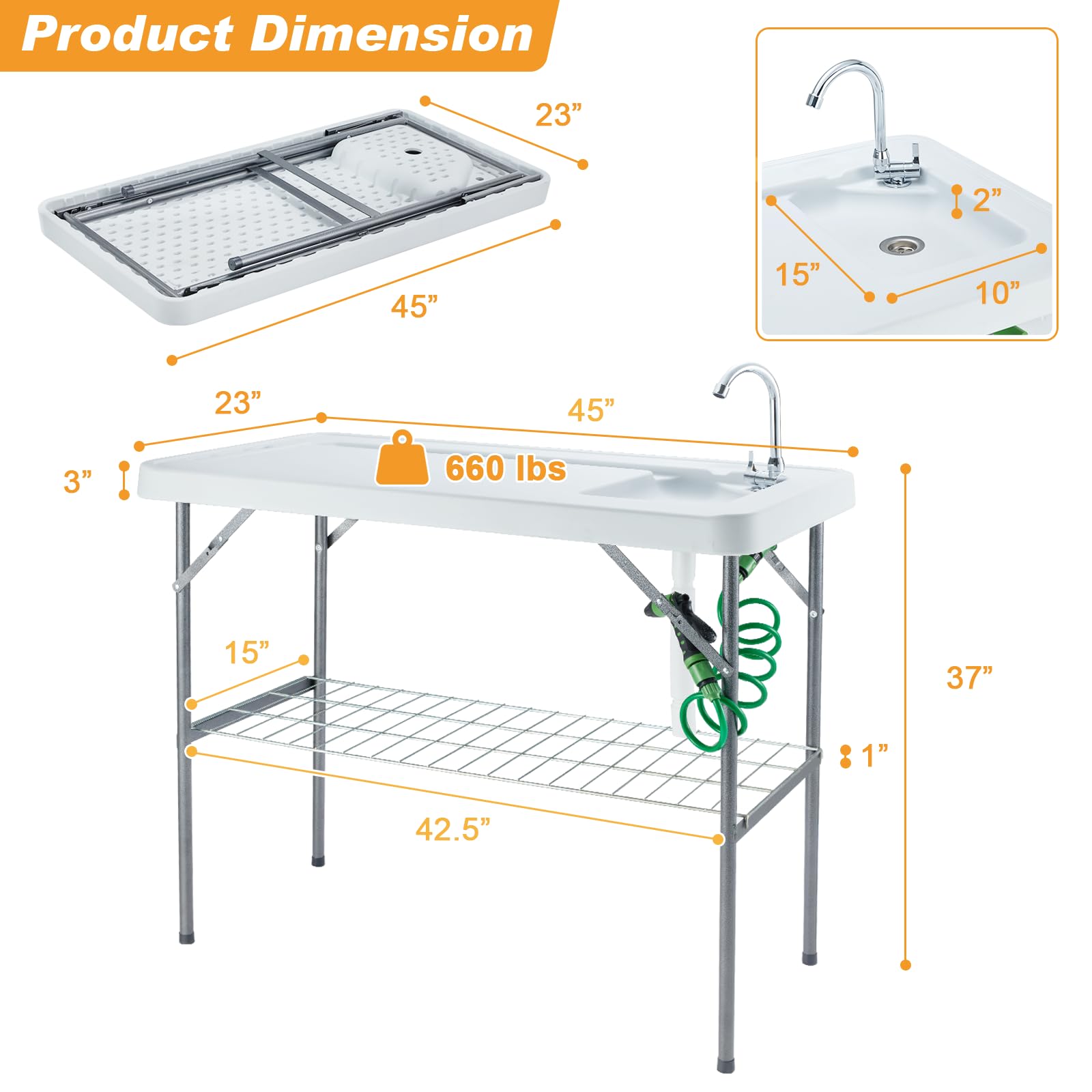 Portable Folding Fish Cleaning Table with Faucet, Drain Hose & Sprayer - Outdoor Camping Sink Station with Grid Rack & Knife Groove - Perfect for Fishing, Picnics, RV Trips & Backyard Fish Fillet Prep, Grey