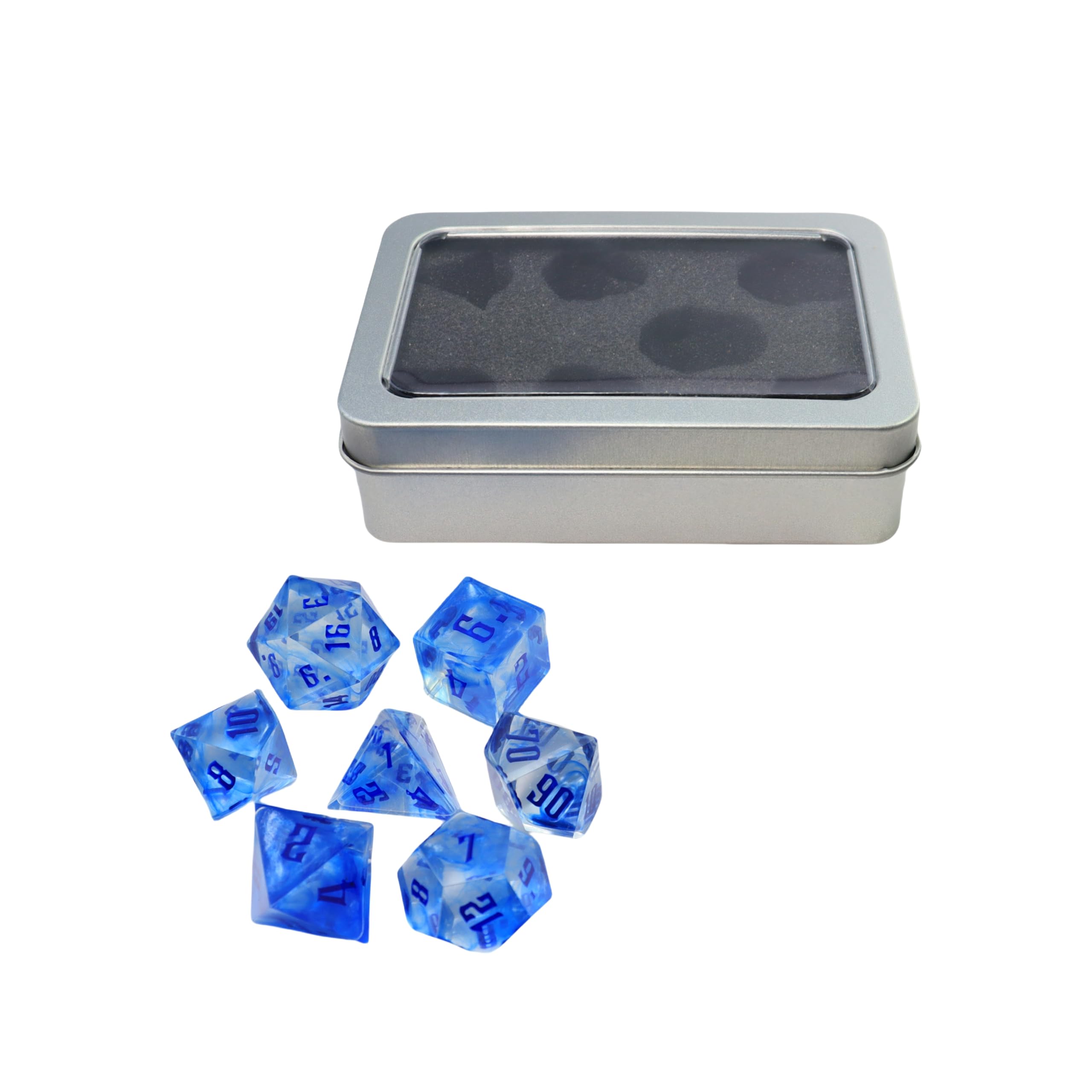 Dungeons & Dragons (D&D) RPG Liquid Polyhedral Dice Set - Complete 7-Piece with D4, D6, D8, D10, D12, D20 and Model Box (Blue) - Perfect for Tabletop Gaming, Magic RPG, and D&D Campaigns